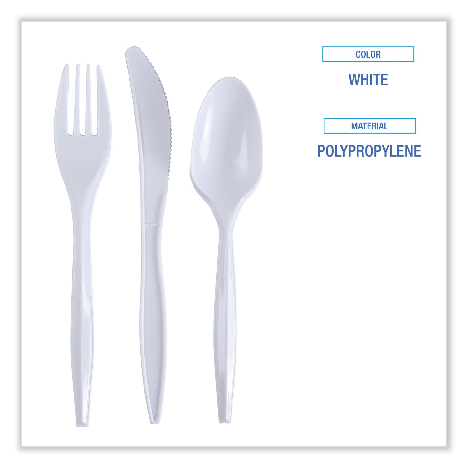 Three-Piece Cutlery Kit, Fork/Knife/Teaspoon, Polypropylene, White, 250/Carton - 