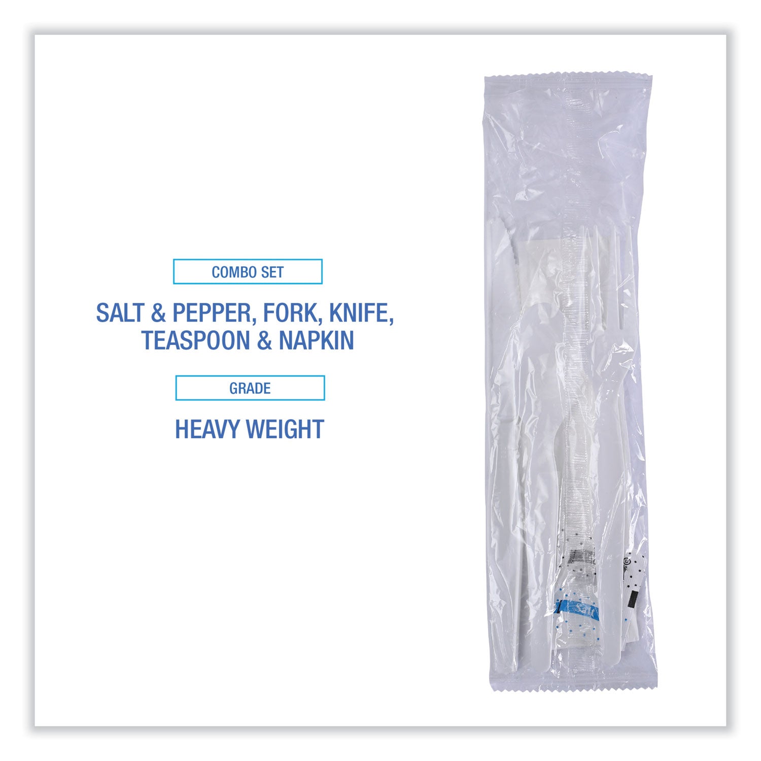 Six-Piece Cutlery Kit, Condiment/Fork/Knife/Napkin/Spoon, Heavyweight, White, 250/Carton