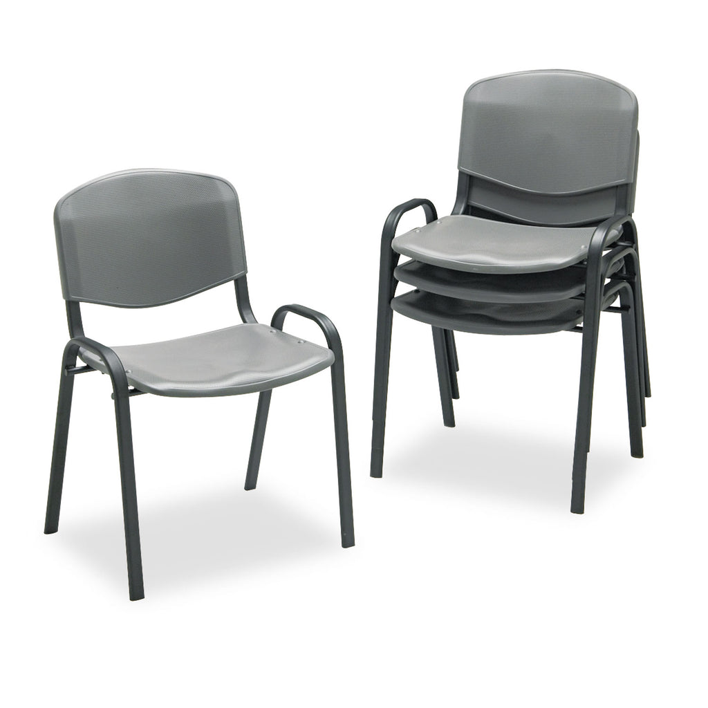 Stacking Chair, Supports Up to 250 lb, 18" Seat Height, Charcoal Seat, Charcoal Back, Black Base, 4/Carton - 