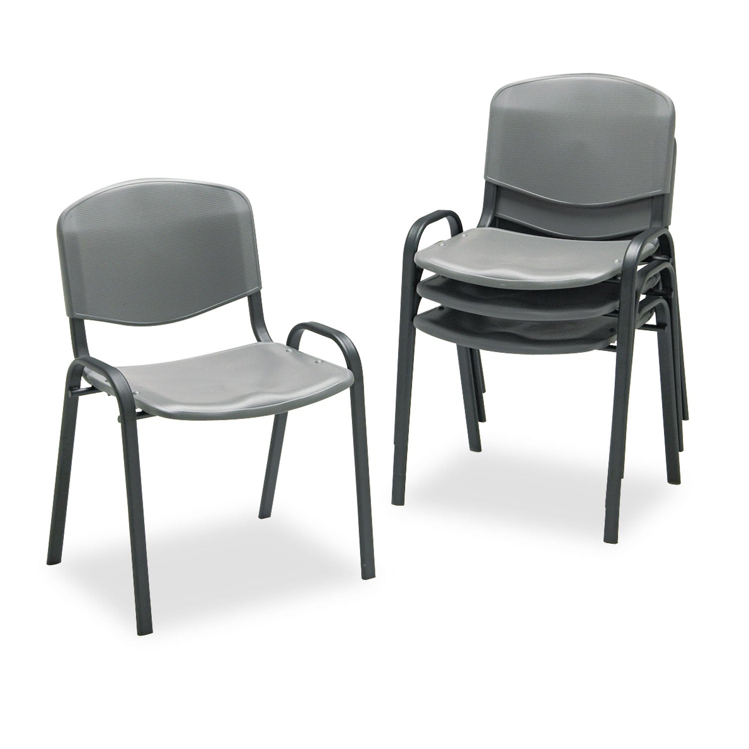 Stacking Chair, Supports Up to 250 lb, 18" Seat Height, Charcoal Seat, Charcoal Back, Black Base, 4/Carton - 