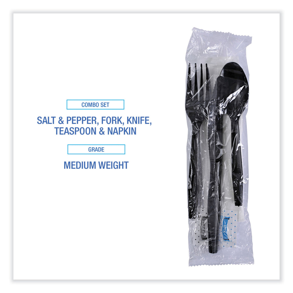 Six-Piece Cutlery Kit, Condiment/Fork/Knife/Napkin/Teaspoon, Black, 250/Carton