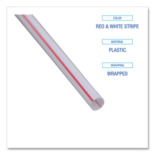 Wrapped Jumbo Straws, 7.75", Plastic, White/Red Stripe, 400/Pack, 25 Packs/Carton - 