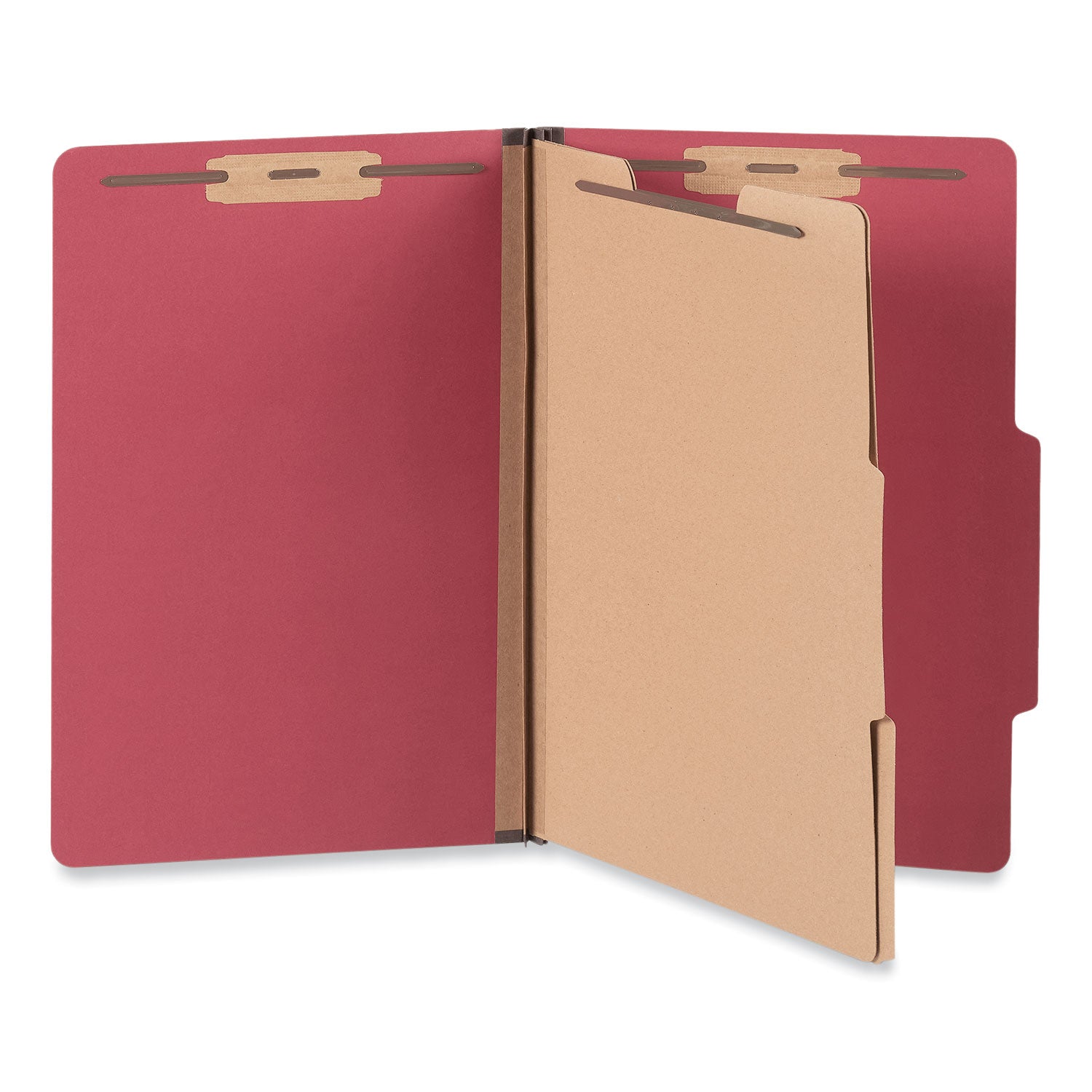 Bright Colored Pressboard Classification Folders, 2" Expansion, 2 Dividers, 6 Fasteners, Legal Size, Ruby Red, 10/Box - 