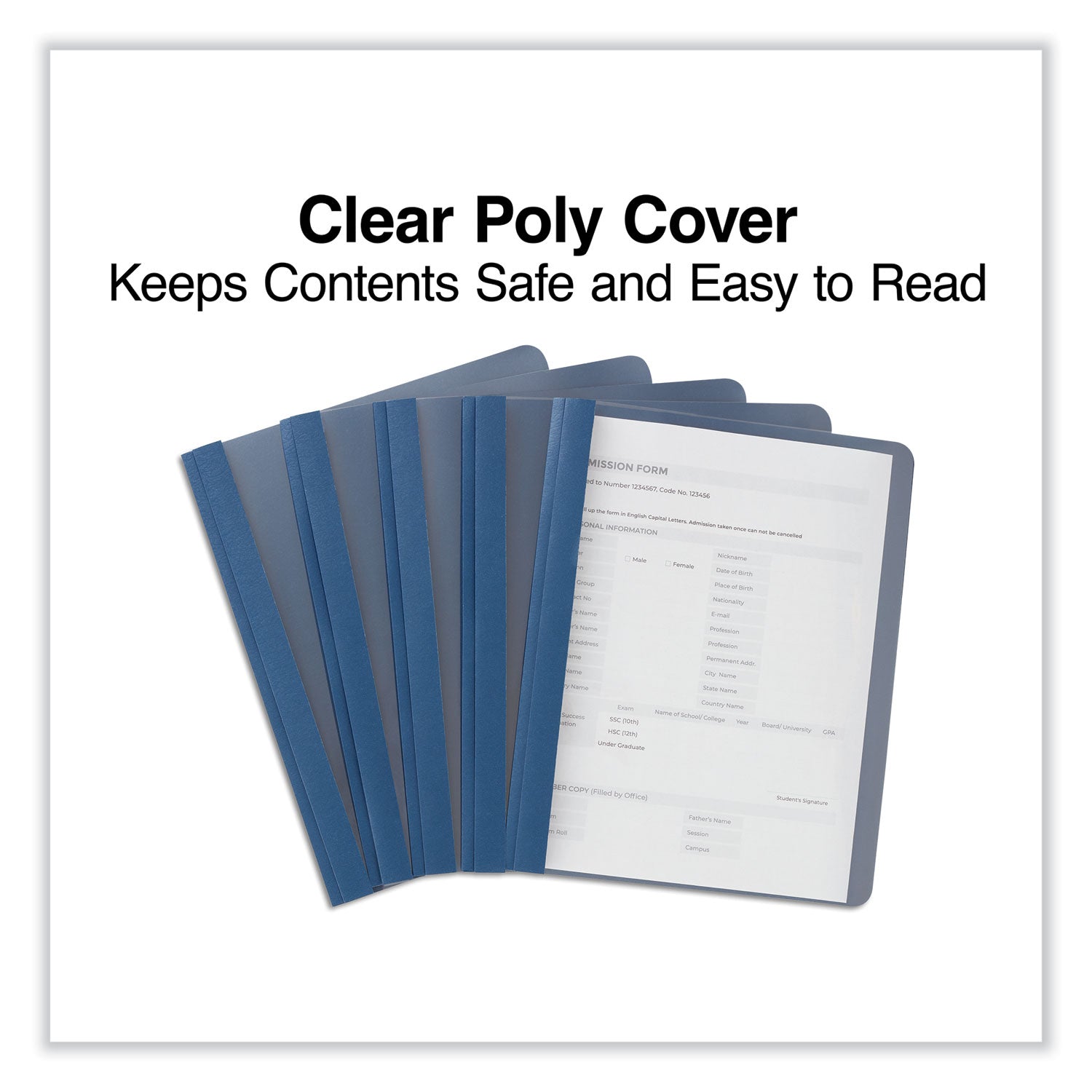 Clear Front Report Covers with Fasteners, Three-Prong Fastener, 0.5" Capacity, 8.5 x 11, Clear/Dark Blue, 25/Box - 