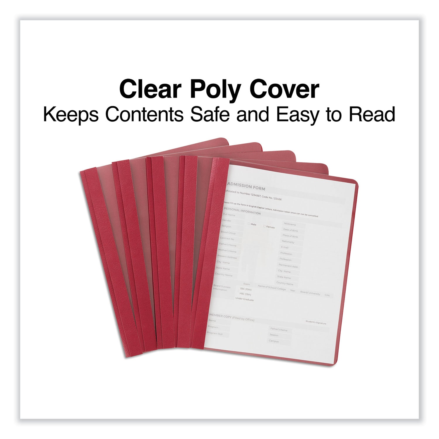 Clear Front Report Cover, Prong Fastener, 0.5" Capacity, 8.5 x 11, Clear/Red, 25/Box - 