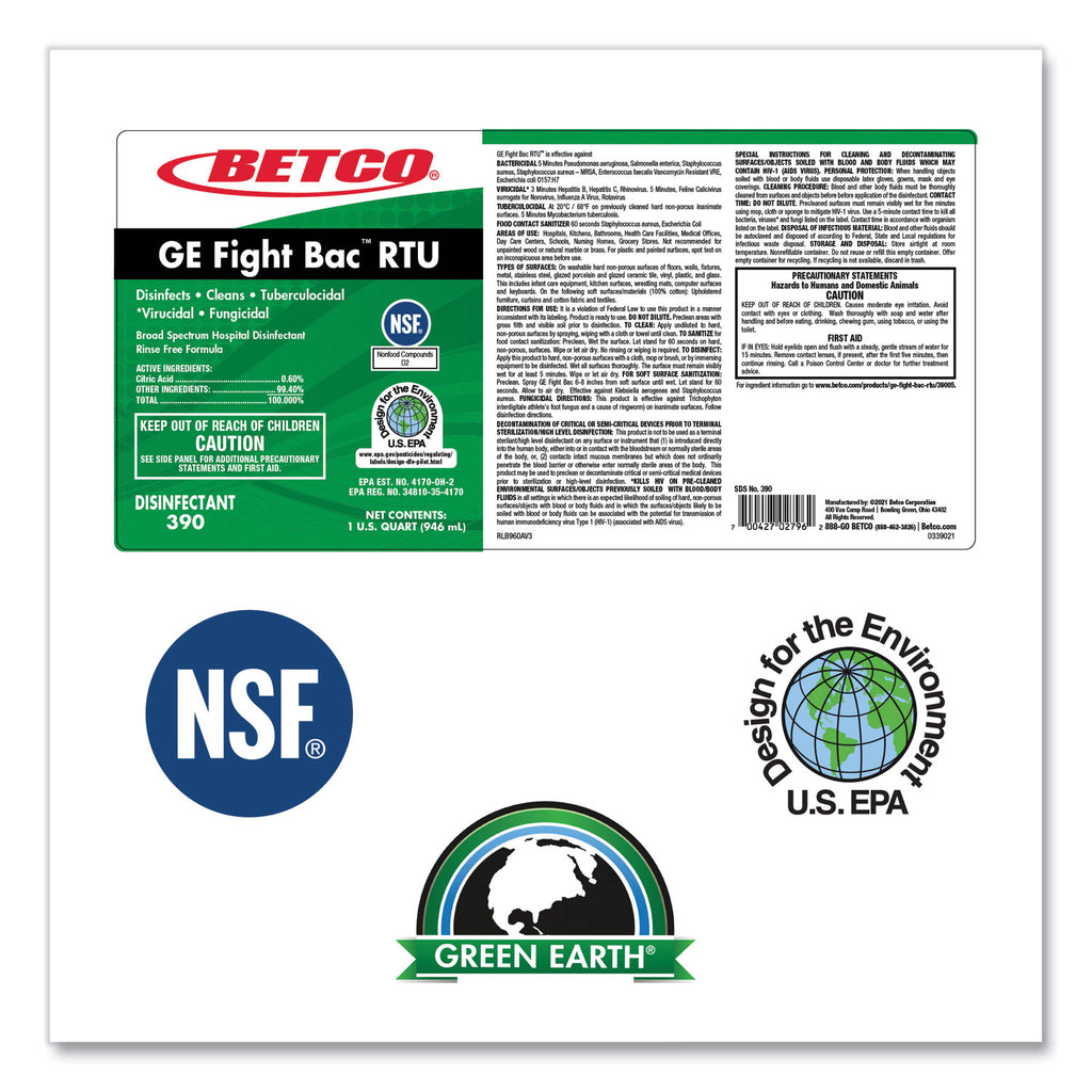 GE Fight Bac RTU Disinfectant, Fresh Scent, 32 oz Bottle, 12/Carton