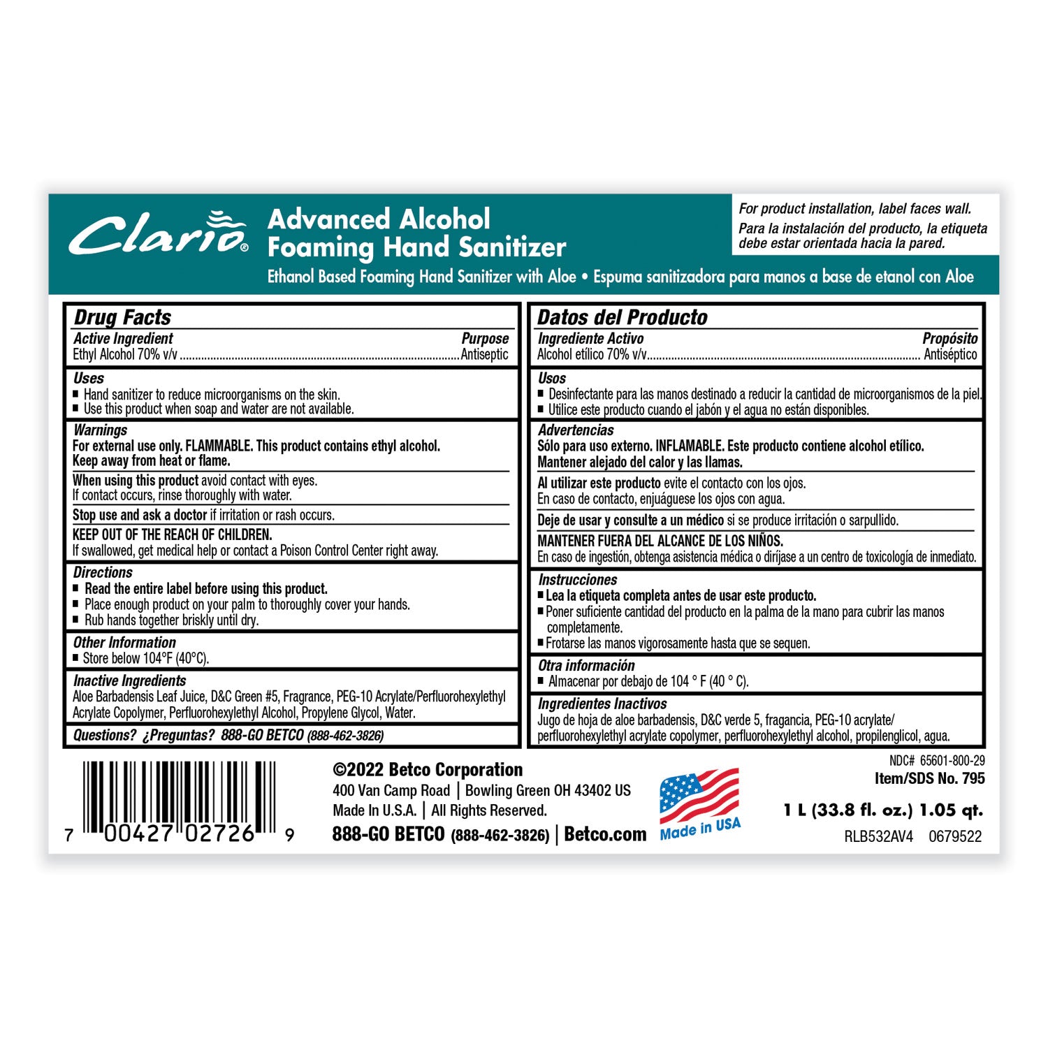 Clario Advanced Alcohol Foaming Sanitizer, 1,000 mL Bag, Citrus, 6/Carton