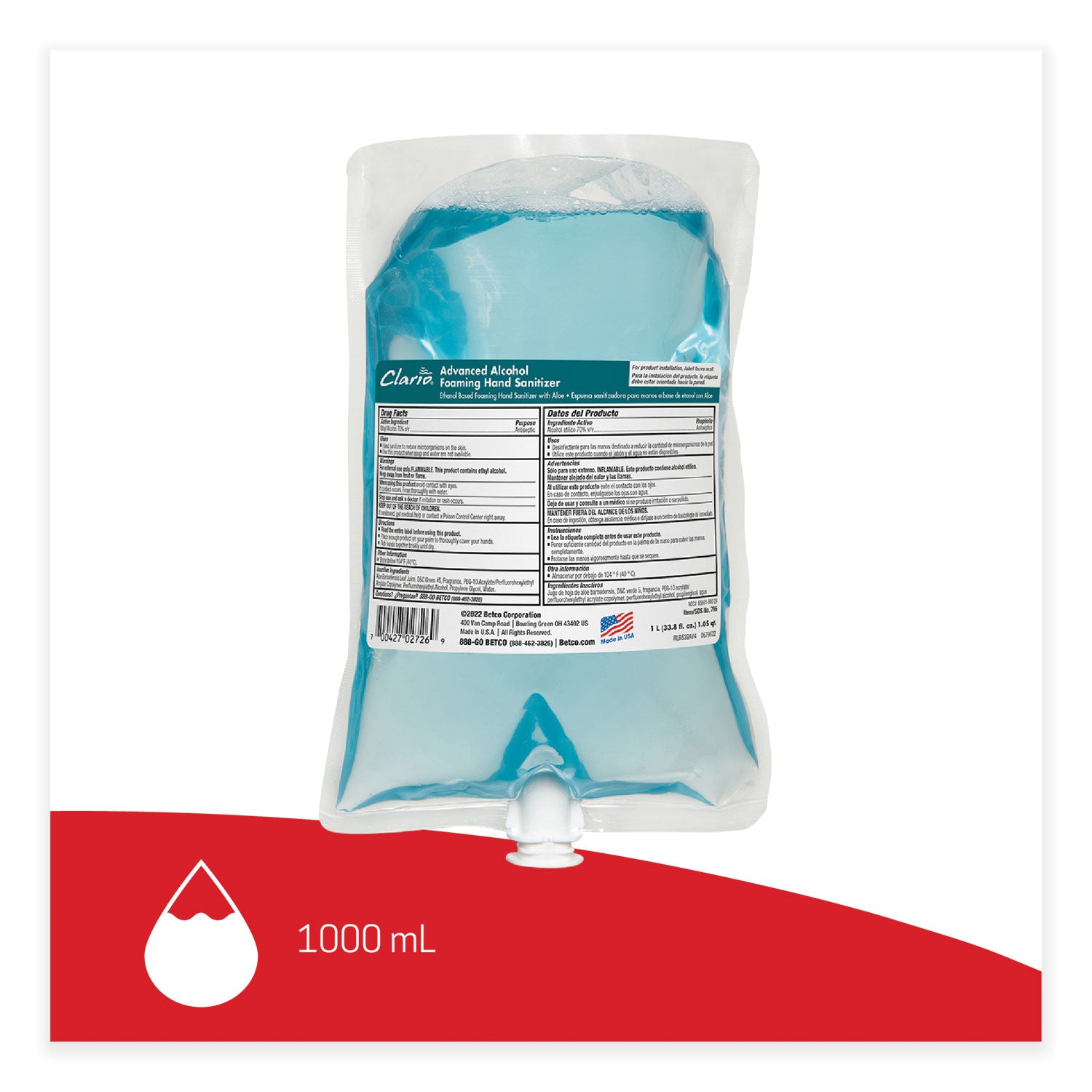 Clario Advanced Alcohol Foaming Sanitizer, 1,000 mL Bag, Citrus, 6/Carton