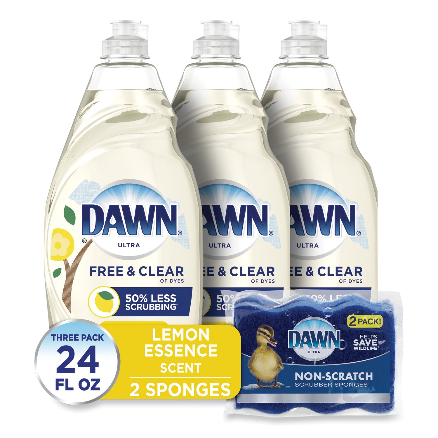 platinum-liquid-dish-detergent-lemon-scent-3-24-oz-bottles-plus-2-sponges-carton_pgc49055 - 2