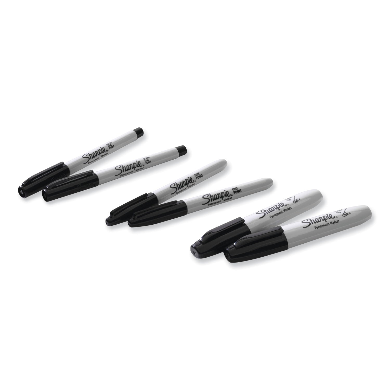 Mixed Point Size Permanent Markers, Assorted Tip Sizes/Types, Black, 6/Pack