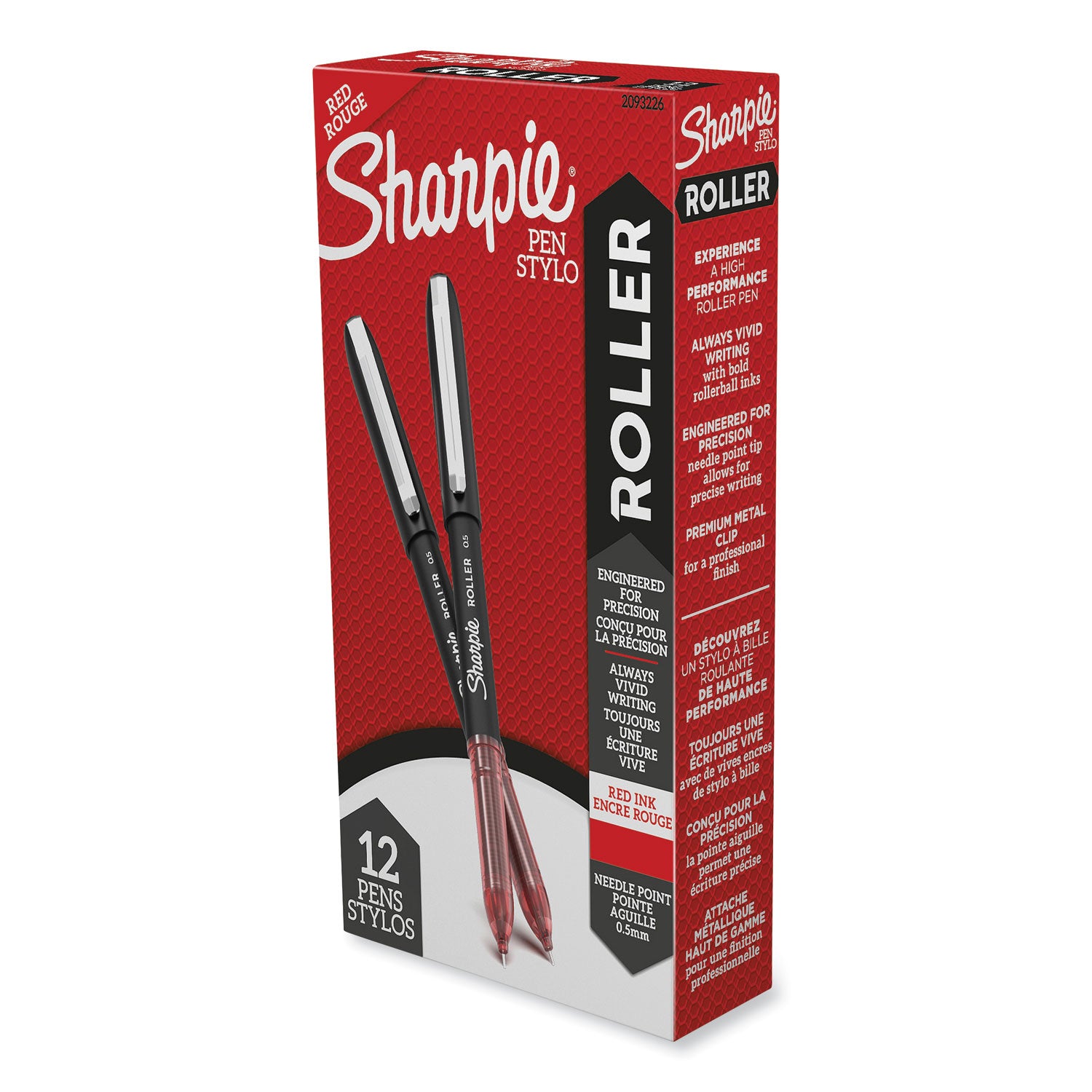 Professional Design Roller Ball Pen, Stick, Fine 0.5 mm, Red Ink, Black/Red Barrel, Dozen