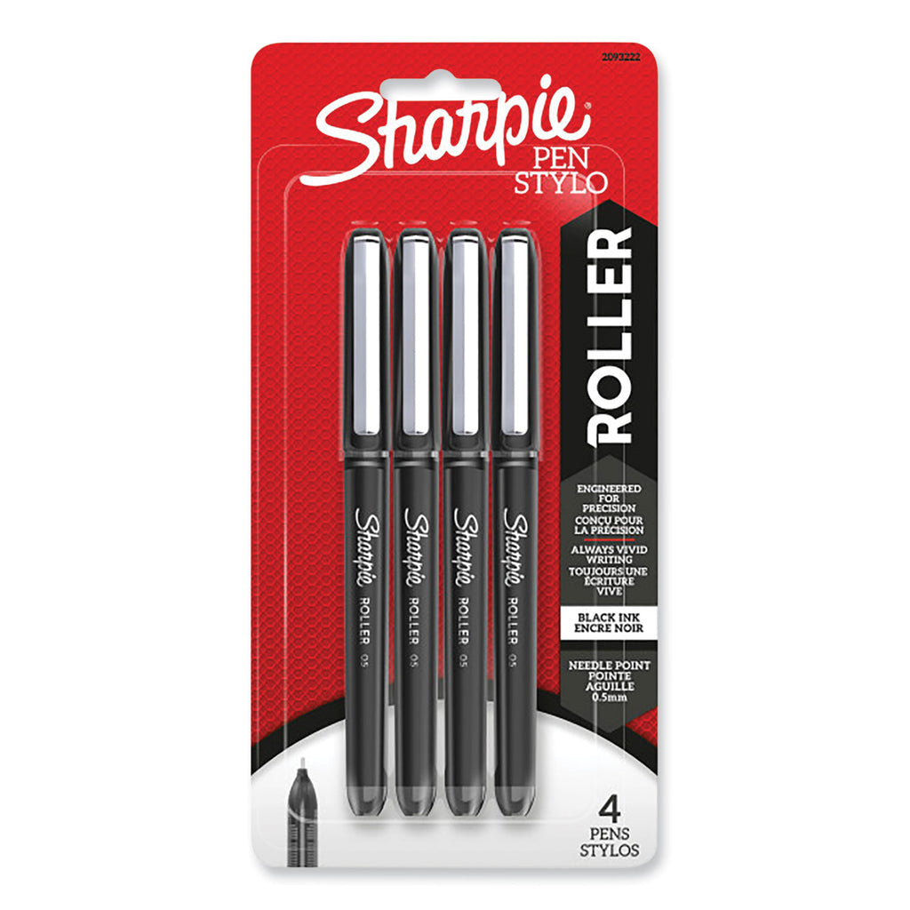 Professional Design Roller Ball Pen, Stick, Fine 0.5 mm, Black Ink, Black Barrel, 4/Pack