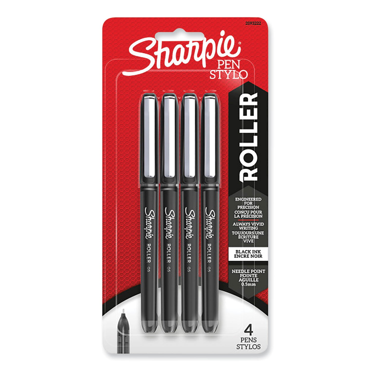 Professional Design Roller Ball Pen, Stick, Fine 0.5 mm, Black Ink, Black Barrel, 4/Pack