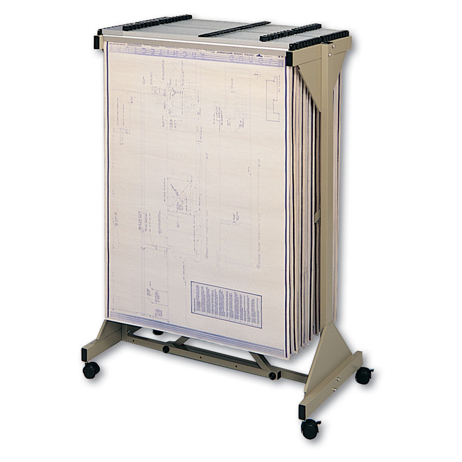 Mobile Plan Center Sheet Rack, 18 Hanging Clamps, 43.75w x 20.5d x 51h, Sand - 