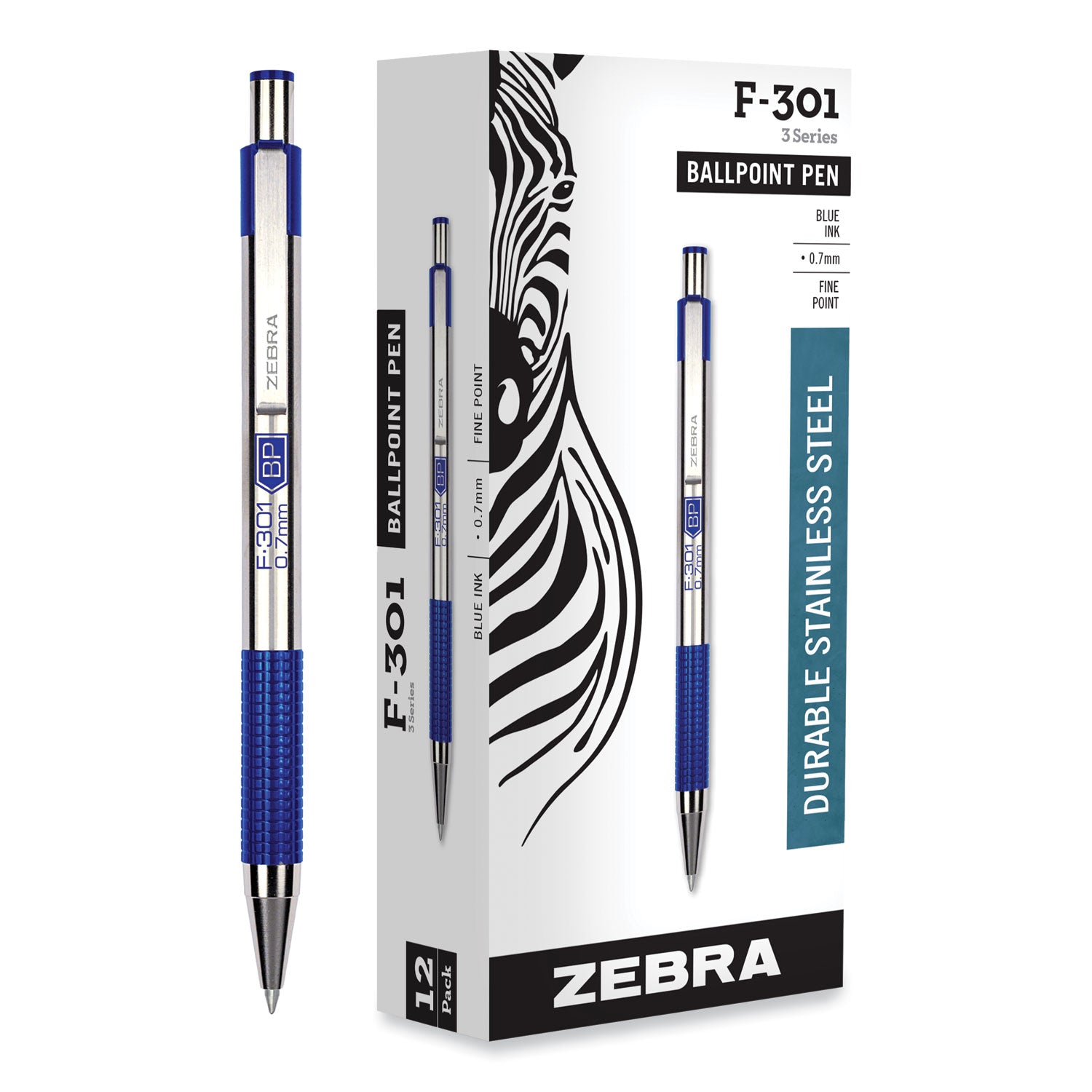 F-301 Ballpoint Pen, Retractable, Fine 0.7 mm, Blue Ink, Stainless Steel/Blue Barrel - 