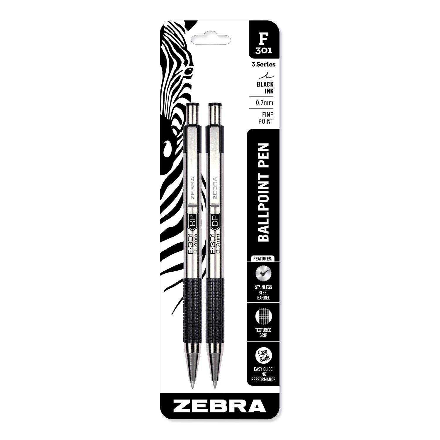 F-301 Ballpoint Pen, Retractable, Fine 0.7 mm, Black Ink, Stainless Steel/Black Barrel, 2/Pack - 