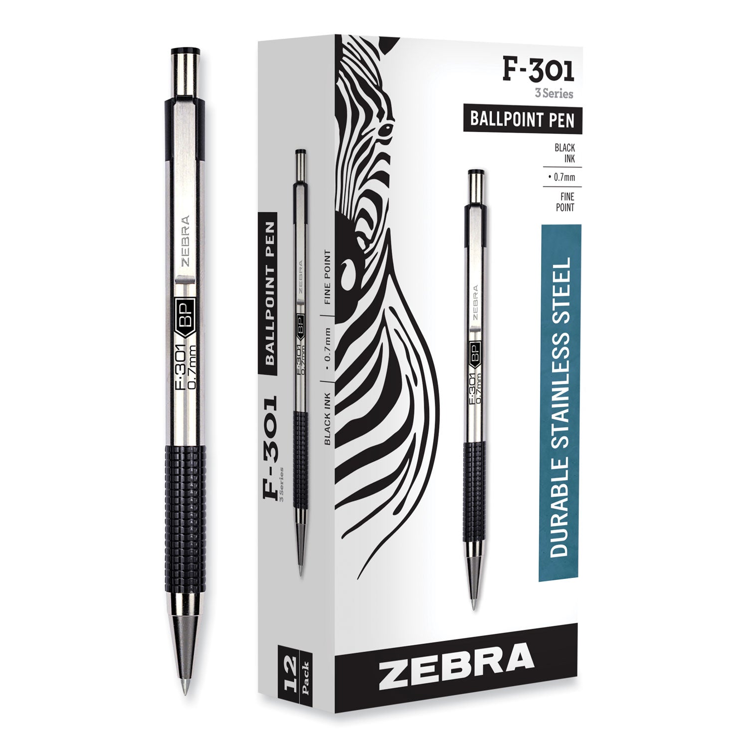 F-301 Ballpoint Pen, Retractable, Fine 0.7 mm, Black Ink, Stainless Steel/Black Barrel - 