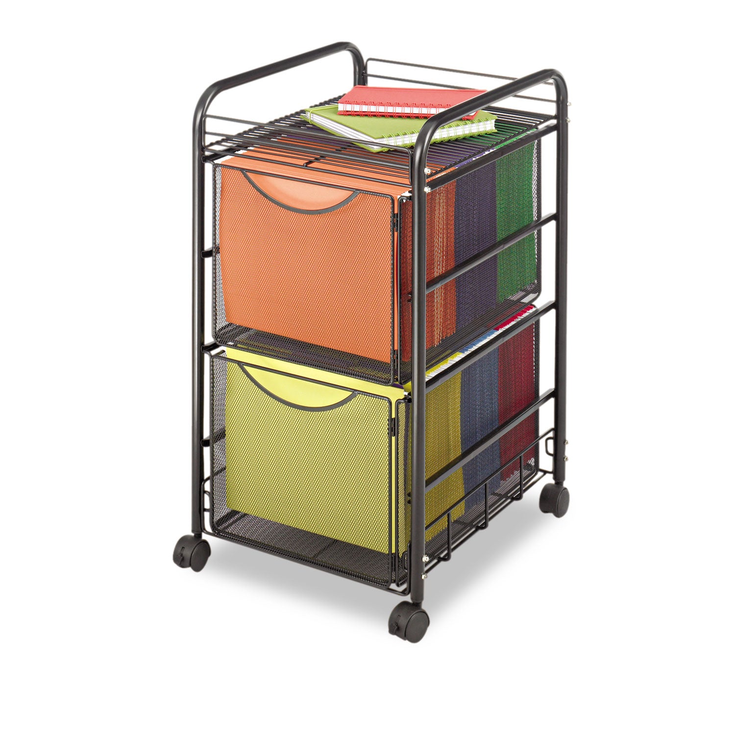 Safco Onyx Double Mesh Mobile File Cart - 2 Shelf - 2 Drawer - 4 Casters - 1.50" Caster Size - x 15.8" Width x 17" Depth x 27" Height - Black Steel Frame - Black - 1 Each