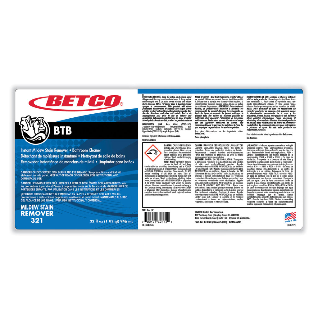 BTB Mildew Stain Remover, Apple, 32 oz Spray Bottle, 12/Carton