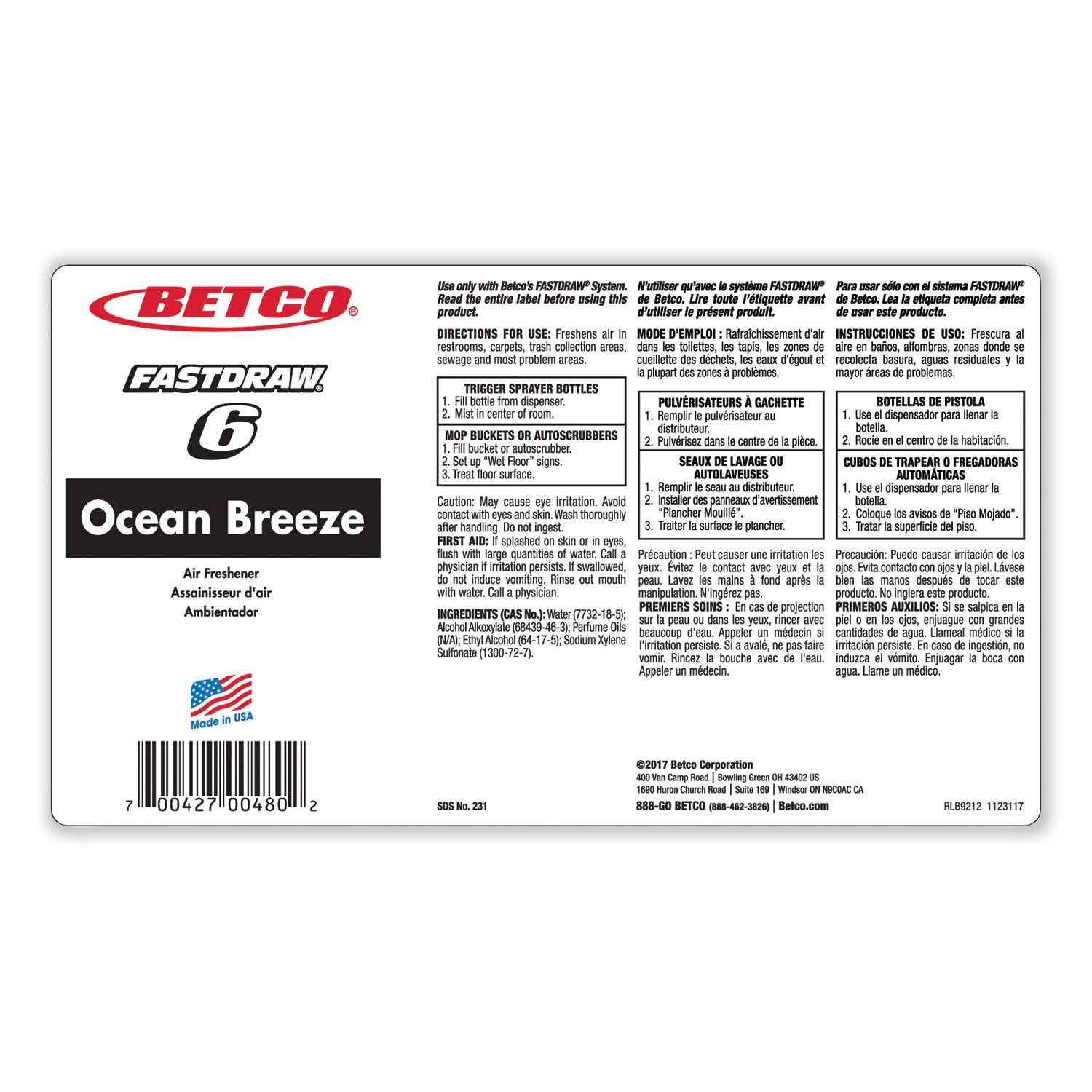 BestScent Ocean Breeze Deodorizer, Ocean Breeze Scent, 67.6 oz FastDraw Bottle, 4/Carton