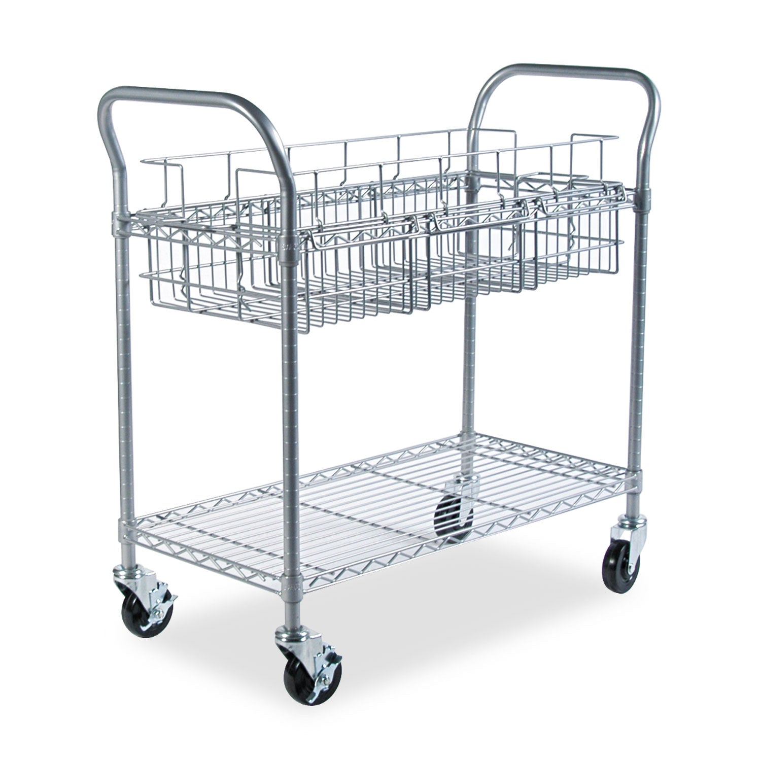 Dual-Purpose Wire Mail and Filing Cart, Metal, 1 Shelf, 1 Bin, 39" x 18.75" x 38.5", Metallic Gray - 