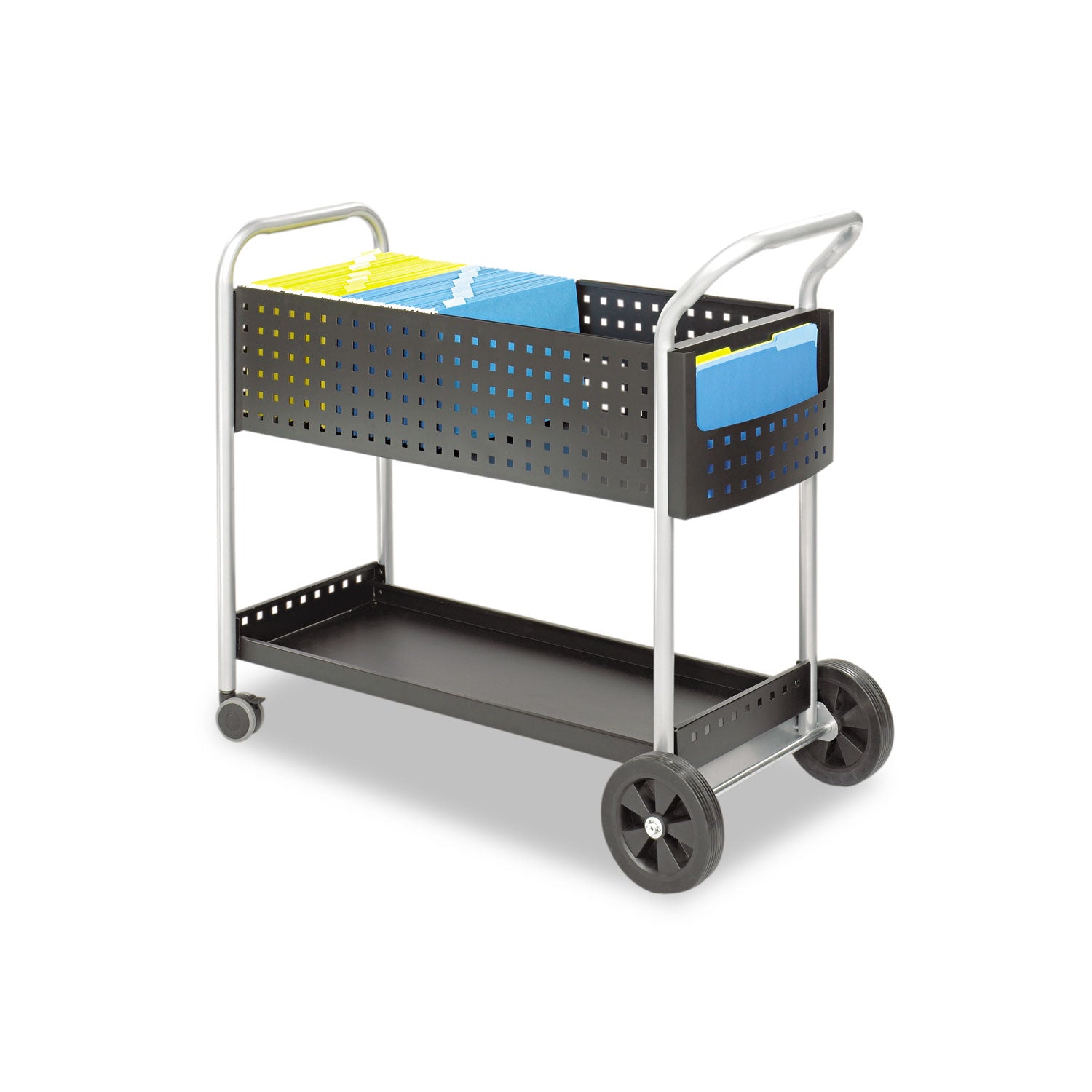 Scoot Dual-Purpose Mail and Filing Cart, Metal, 1 Shelf, 2 Bins, 22.5" x 39.5" x 40.75", Black/Silver - 