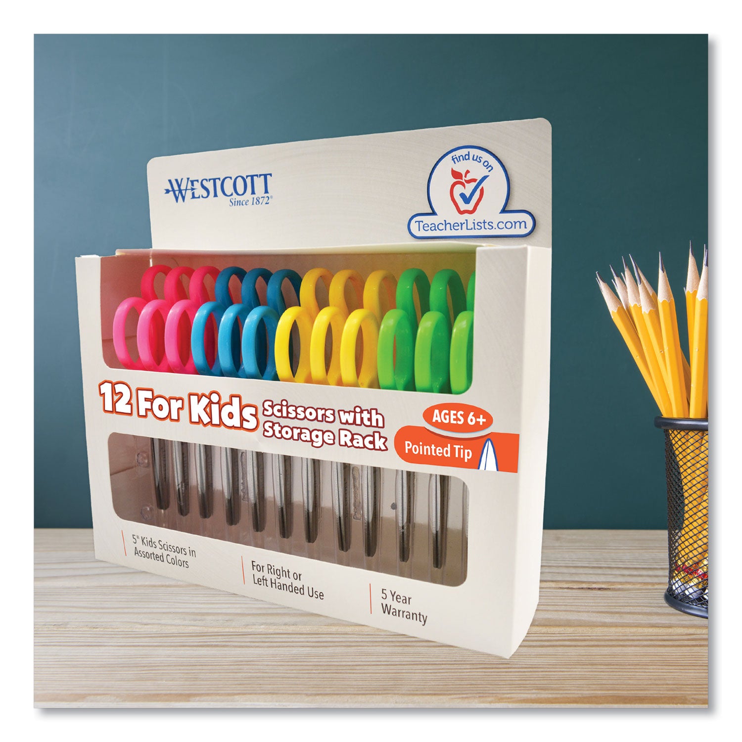 For Kids Scissors, Pointed Tip, 5" Long, 1.75" Cut Length, Assorted Straight Handles, 12/Pack