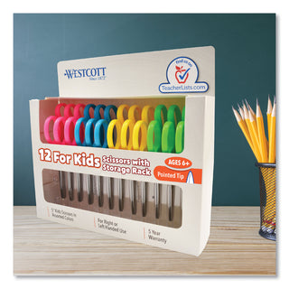 For Kids Scissors, Pointed Tip, 5" Long, 1.75" Cut Length, Assorted Straight Handles, 12/Pack