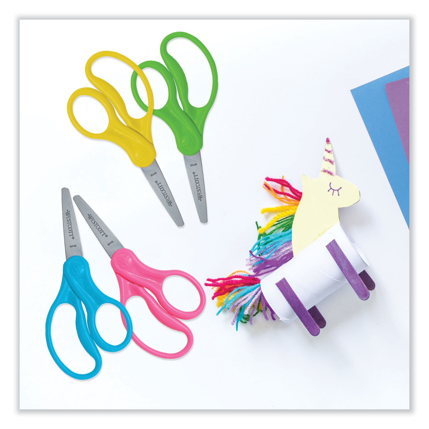 For Kids Scissors, Pointed Tip, 5" Long, 1.75" Cut Length, Assorted Straight Handles, 12/Pack - 