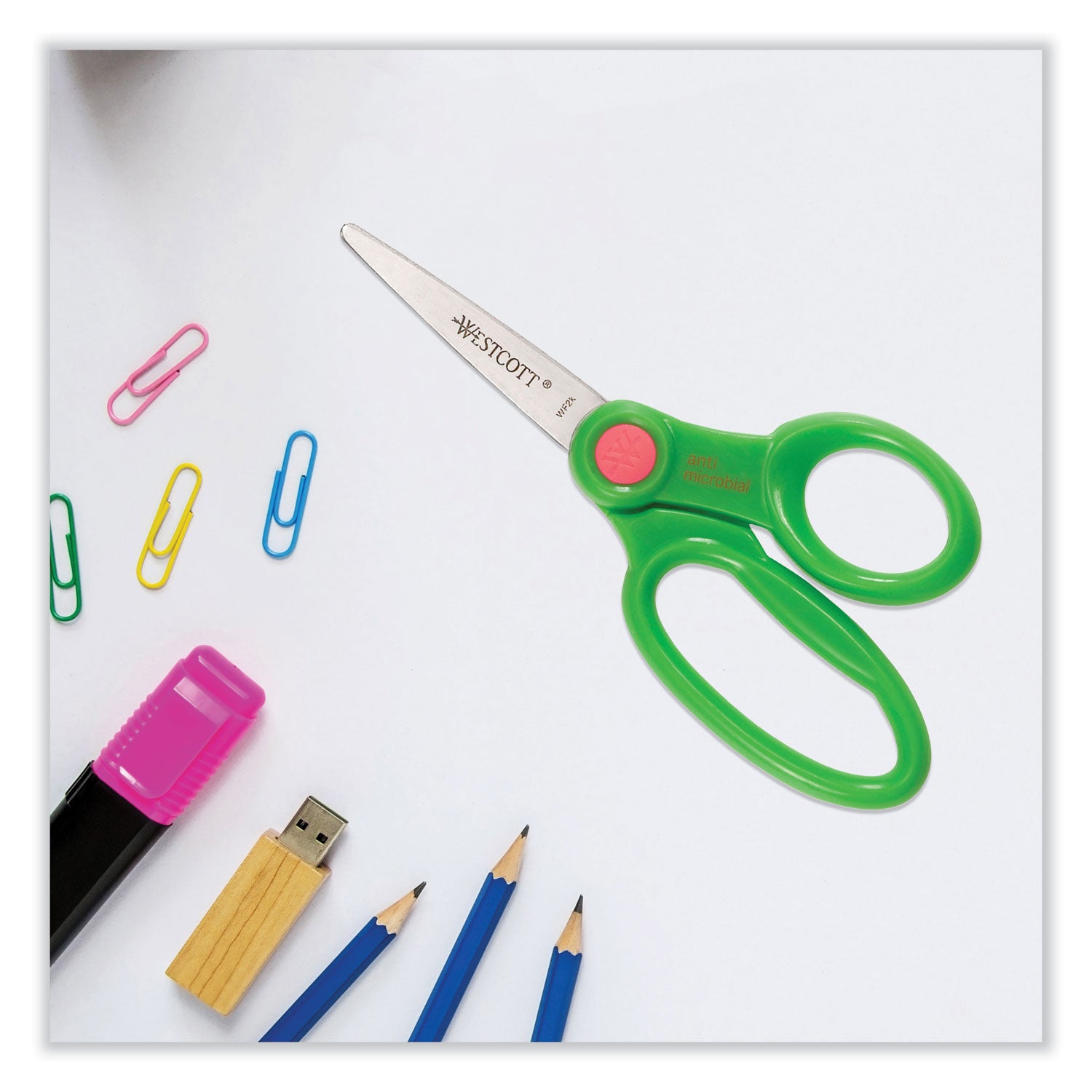 Kids' Scissors with Antimicrobial Protection, Pointed Tip, 5" Long, 2" Cut Length, Randomly Assorted Straight Handles