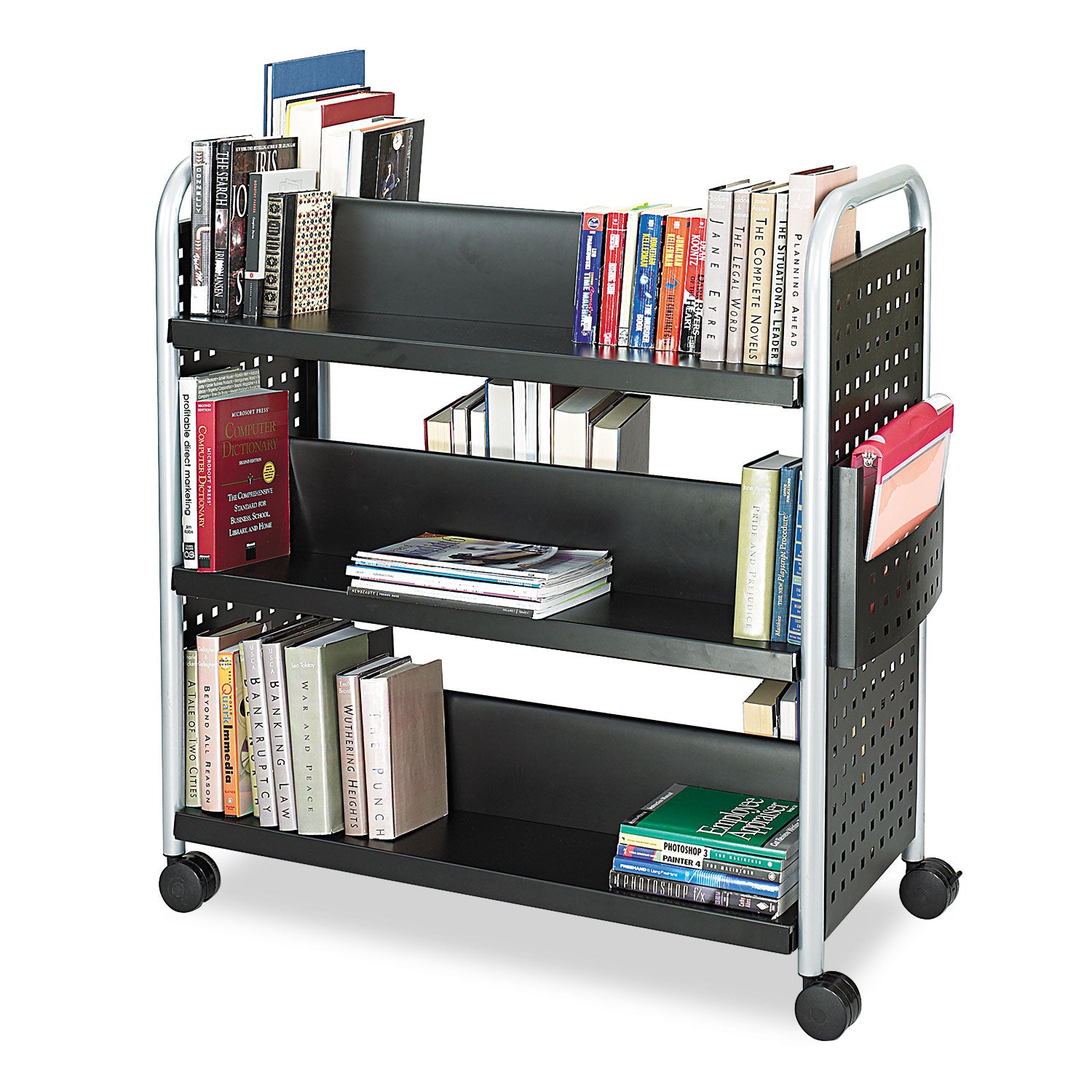 Scoot Double-Sided Book Cart, Metal, 6 Shelves, 1 Bin, 41.25" x 17.75" x 41.25", Black - 