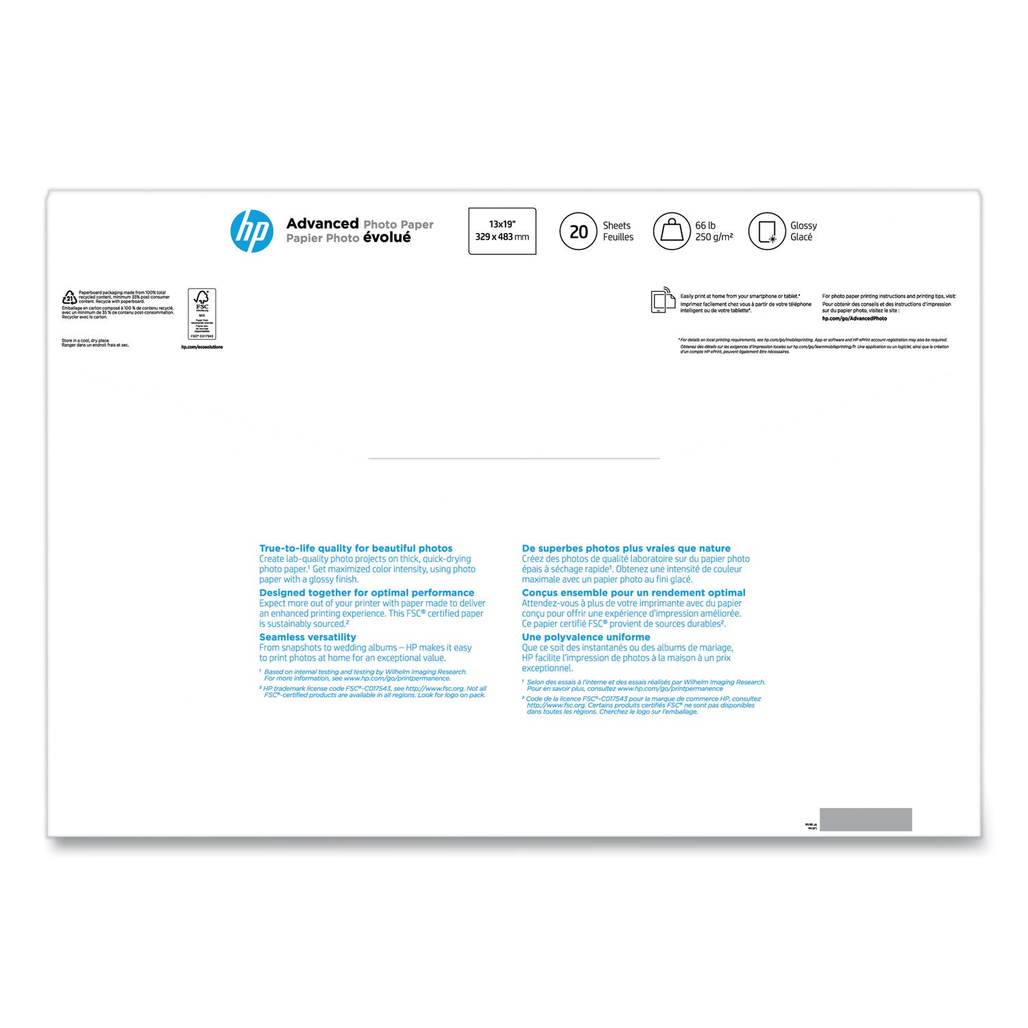 HP CR696A Advanced Glossy Photo Paper - Super B - 13" x 19" - 66 lb Basis Weight - Glossy - 1 / Pack - Quick Drying, Water Resistant, Smear Resistant, Humidity Resistant, Smudge Resistant - 3