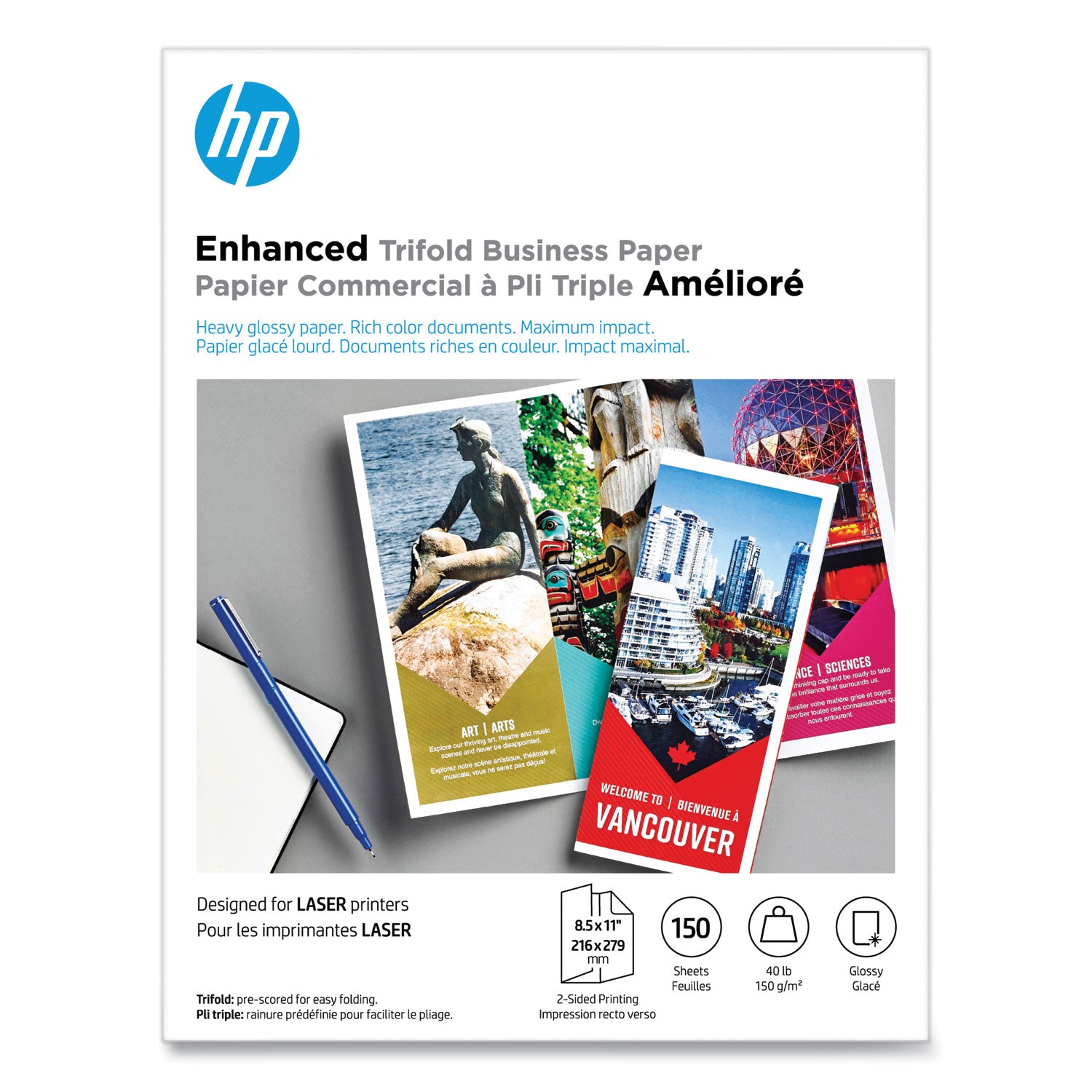 Laser Glossy Tri-Fold Brochure Paper, 97 Bright, 40 lb Bond Weight, 8.5 x 11, White, 150/Pack