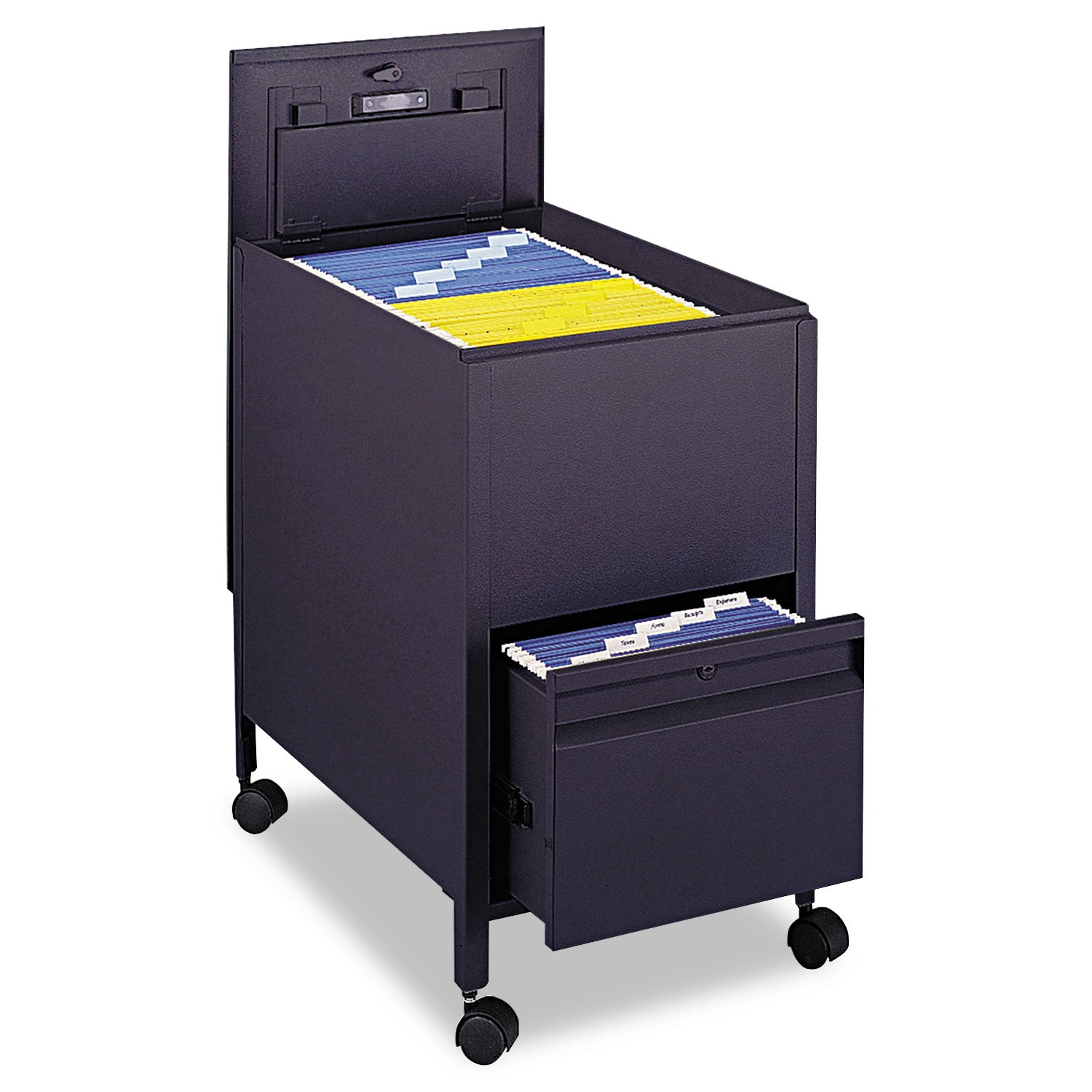 Locking Mobile Tub File with Drawer, Letter Size, Metal, 1 Drawer, 1 Bin, 17" x 26" x 28", Black - 