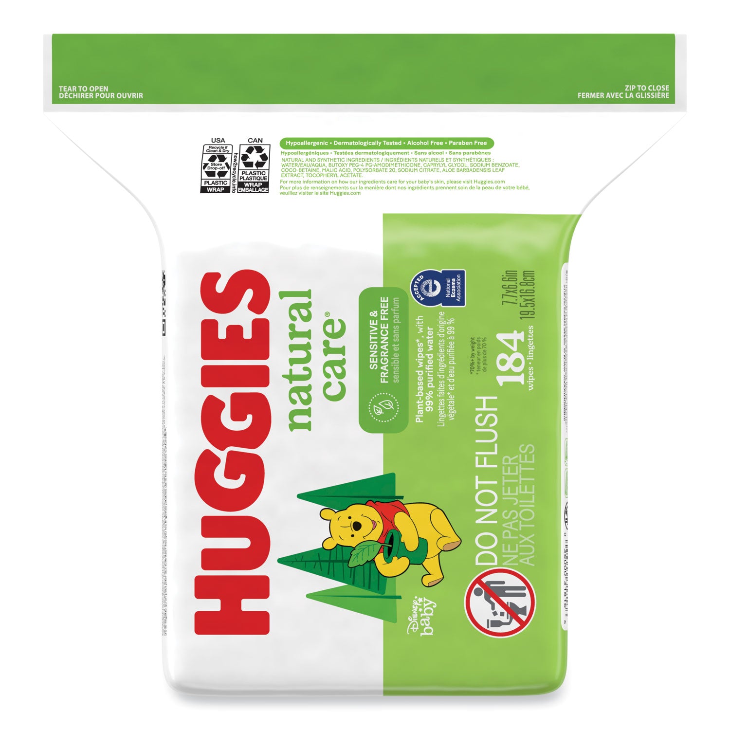 Natural Care Sensitive Baby Wipes, 1-Ply, 3.88 x 6.6, Unscented, White, 184/Pack, 3 Packs/Carton
