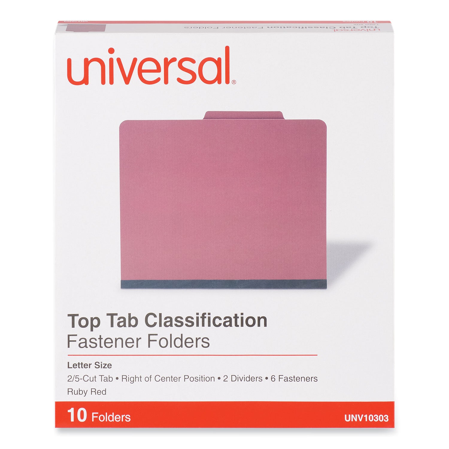 Bright Colored Pressboard Classification Folders, 2" Expansion, 2 Dividers, 6 Fasteners, Letter Size, Ruby Red, 10/Box - 