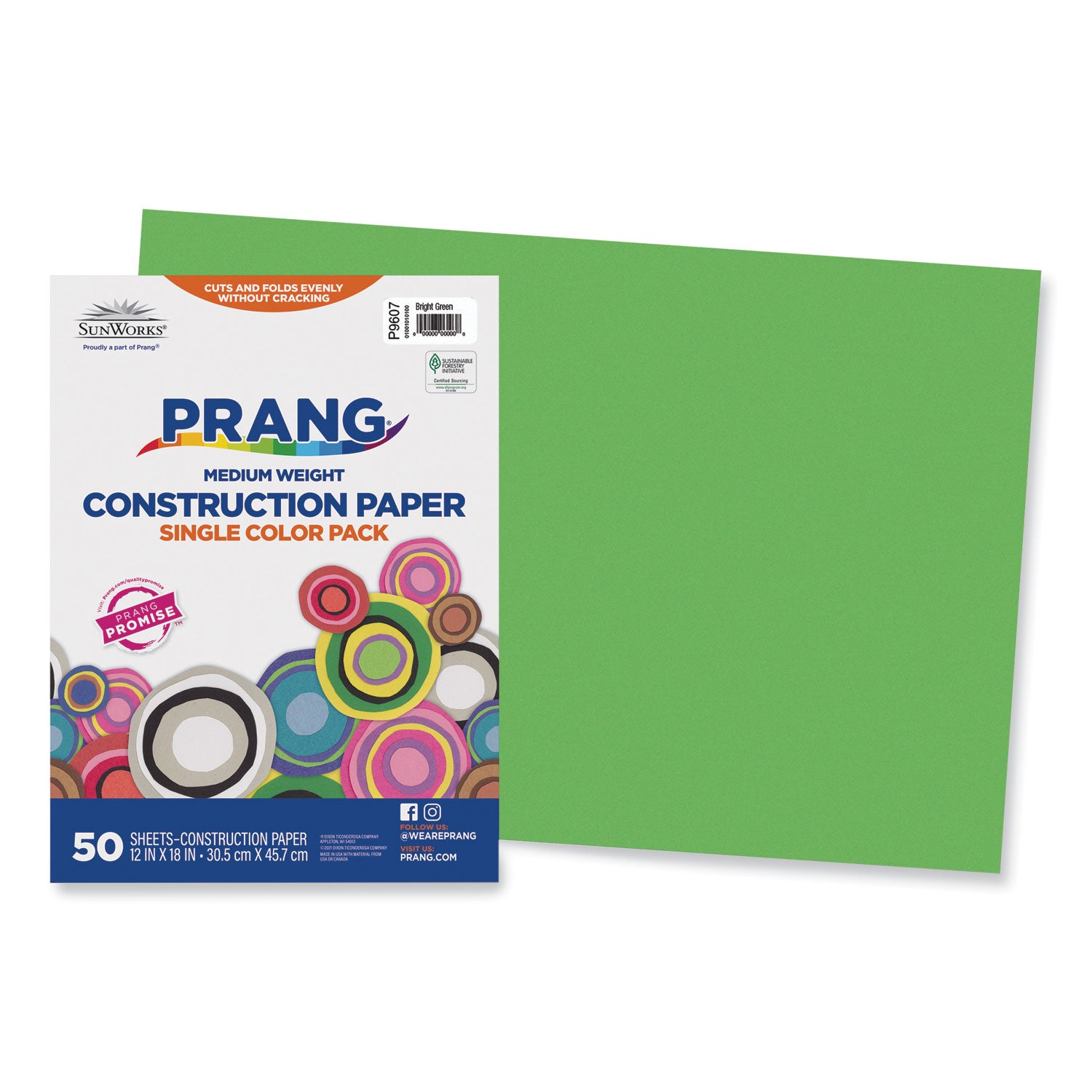 SunWorks Construction Paper, 50 lb Text Weight, 12 x 18, Bright Green, 50/Pack - 