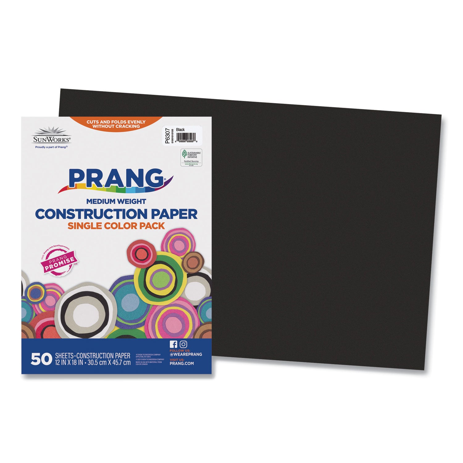 SunWorks Construction Paper, 50 lb Text Weight, 12 x 18, Black, 50/Pack - 