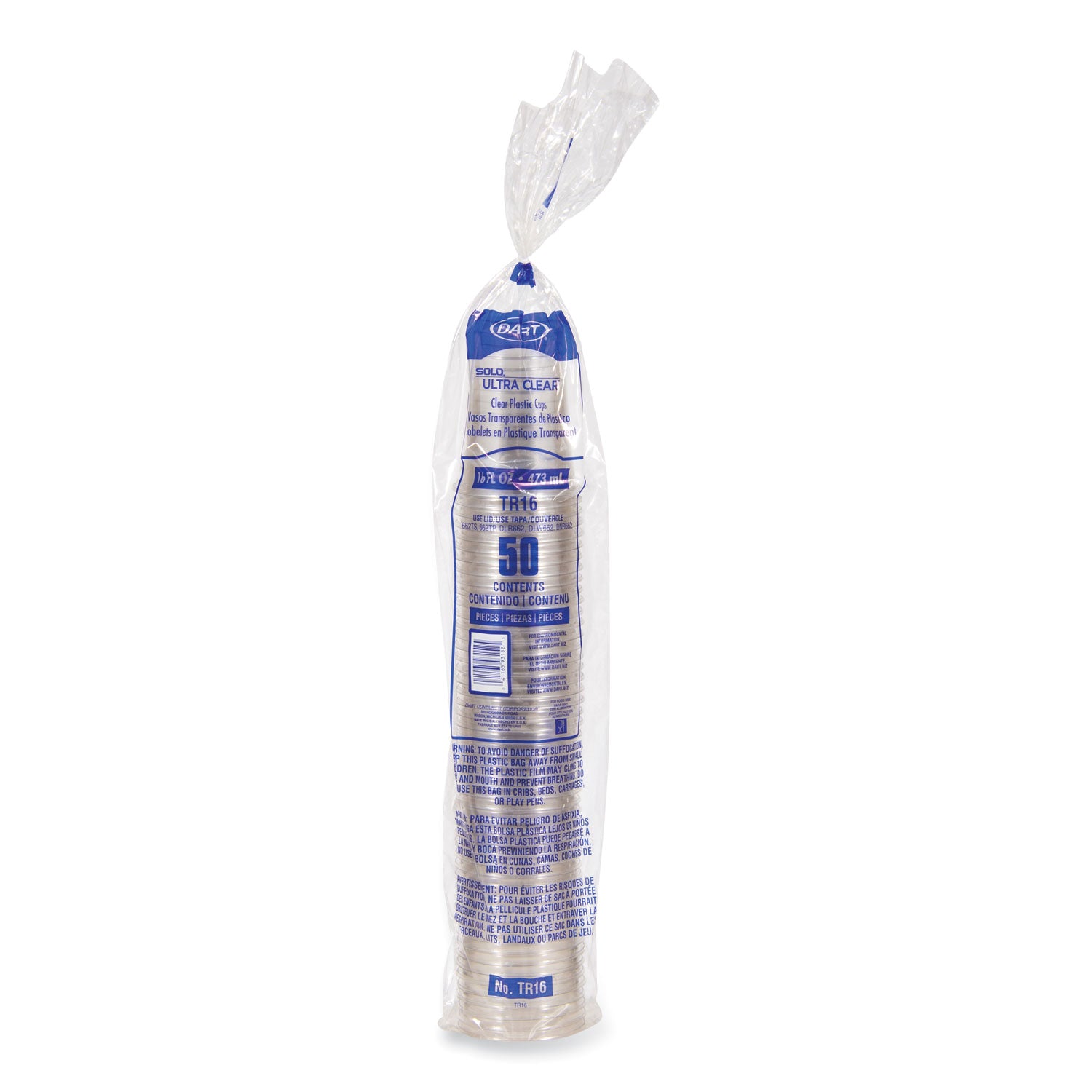 Ultra Clear Cups, 16 oz, PET, 50/Bag, 20 Bags/Carton