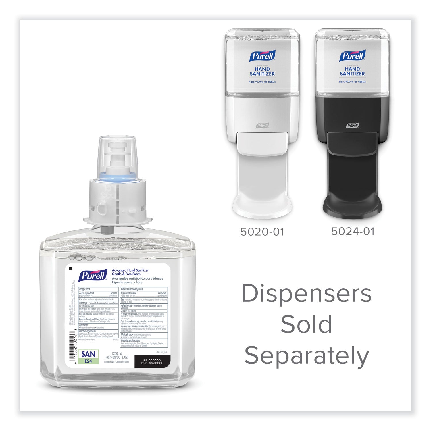 Advanced Hand Sanitizer Gentle and Free Foam, 1,200 mL Refill, Fragrance-Free, For ES4 Dispensers, 2/Carton