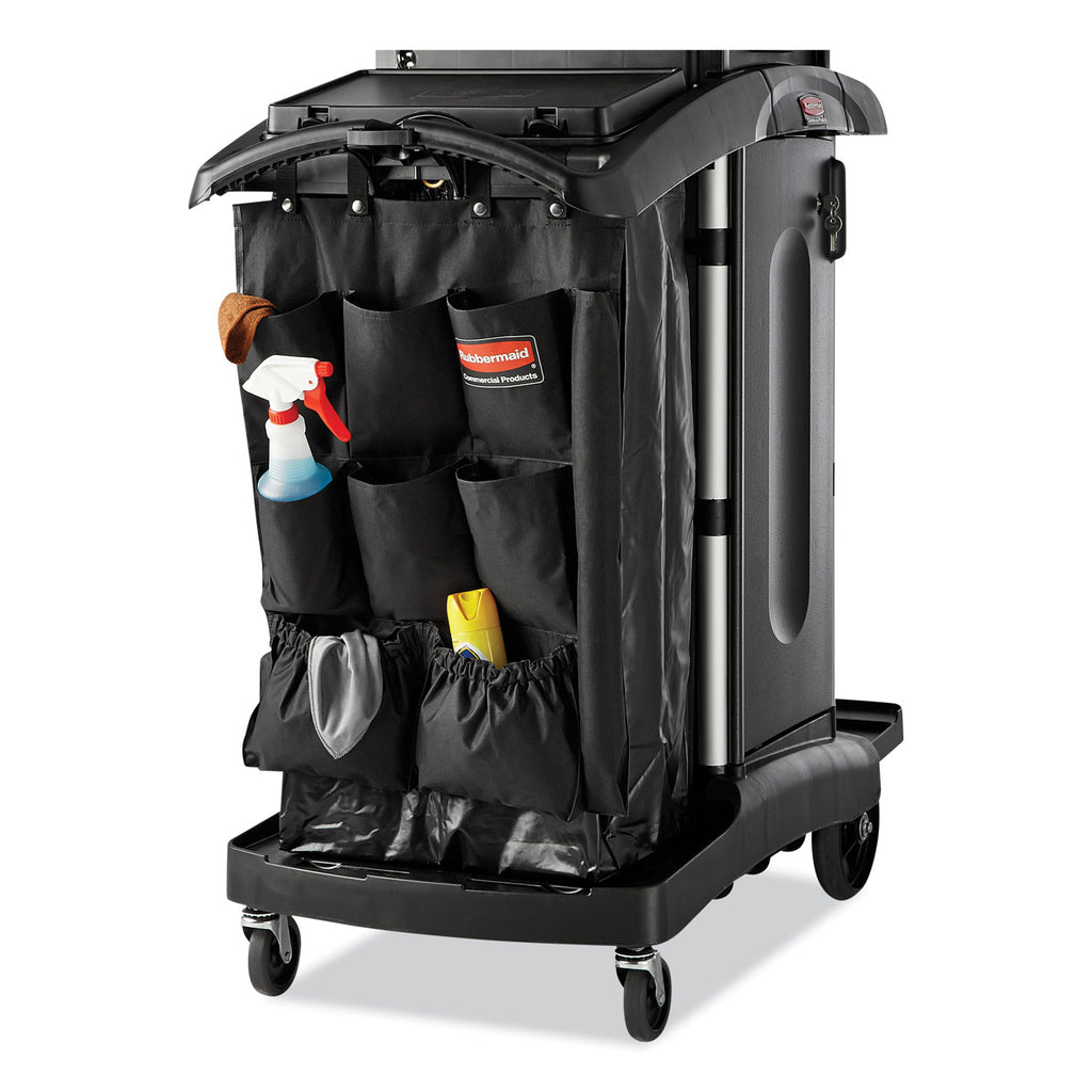 High-Security Housekeeping Cart, Plastic, 3 Shelves, 2 Bins, 22" x 51.75" x 53.5", Black/Silver - 