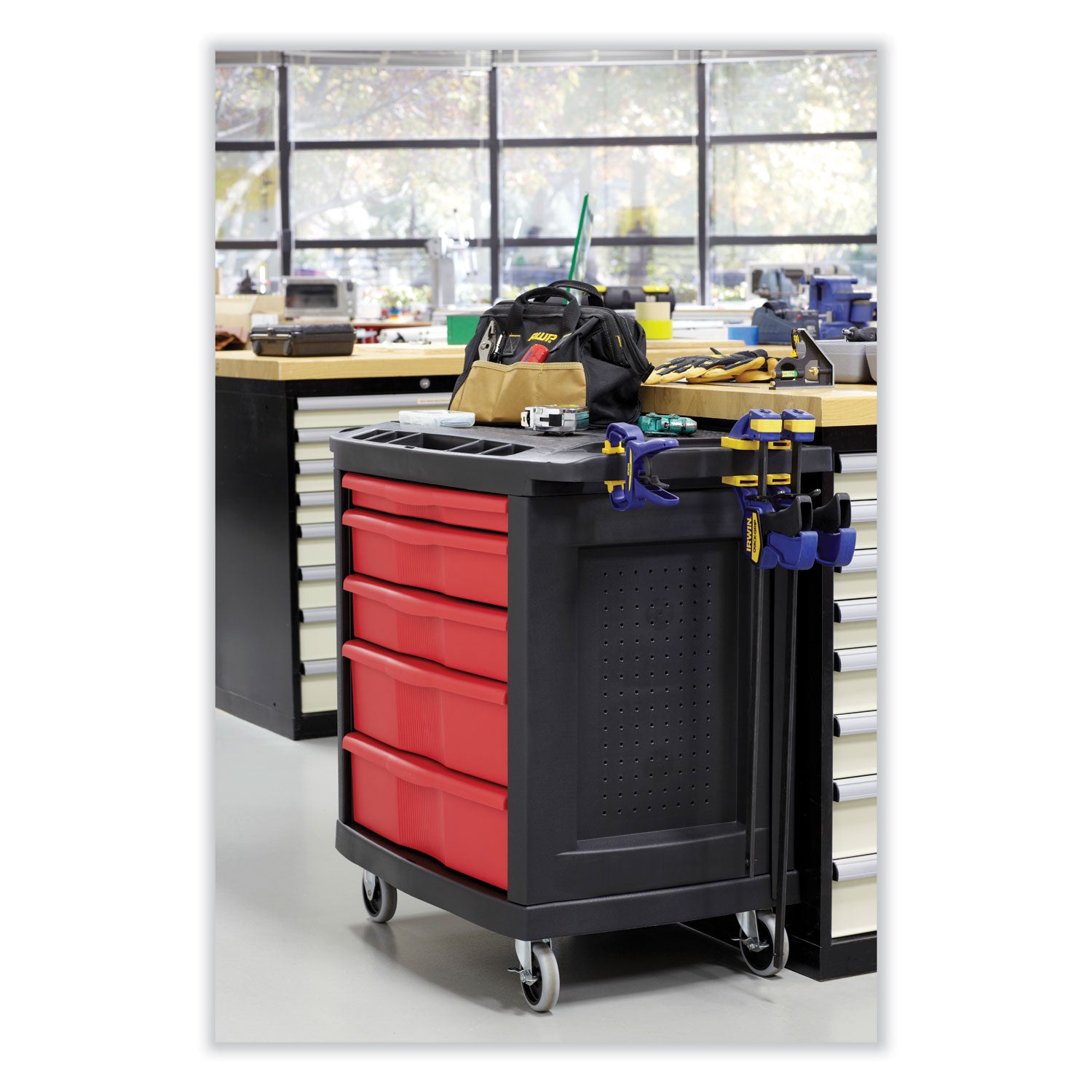 Five-Drawer Mobile Workcenter, 32.63w x 19.9d x 33.5h, Black Plastic Top - 