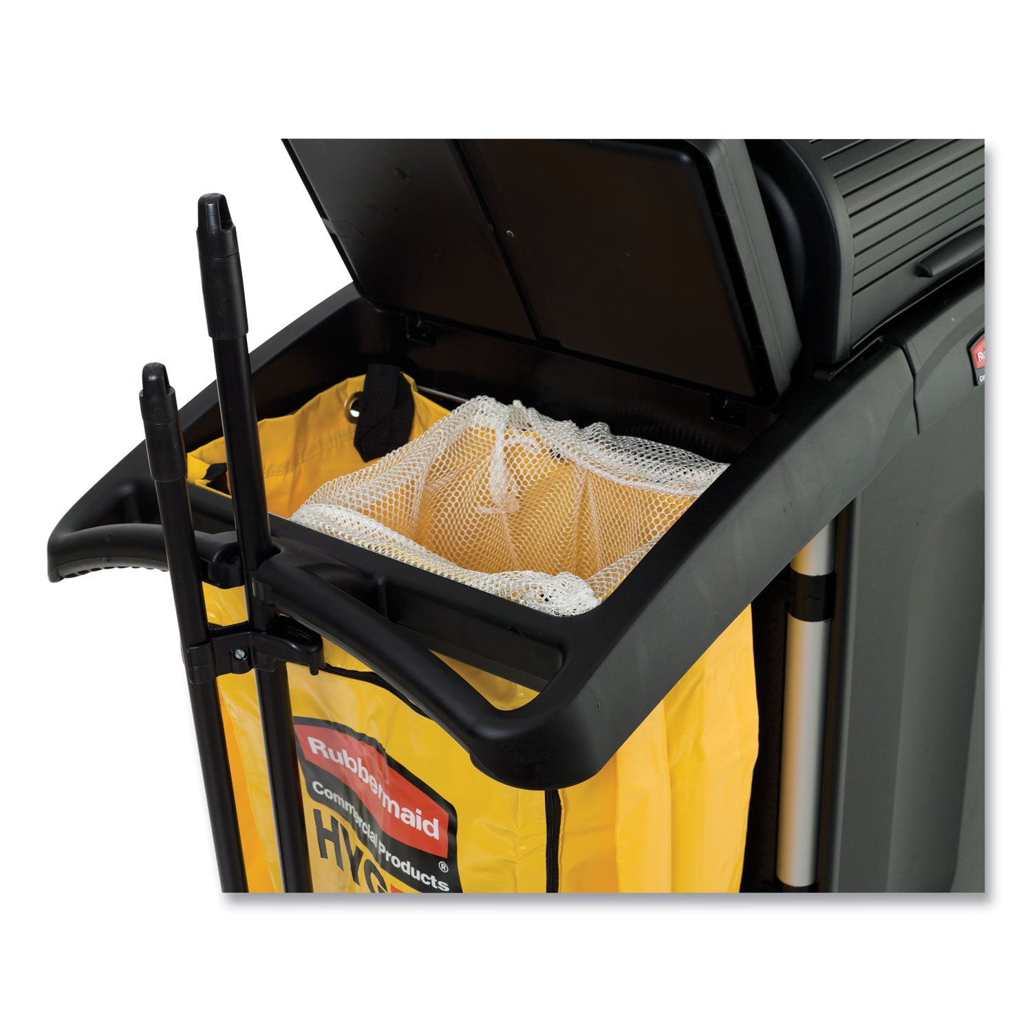 High-Security Healthcare Cleaning Cart, Metal, 4 Shelves, 1 Bin, 22" x 48.25" x 53.5", Black