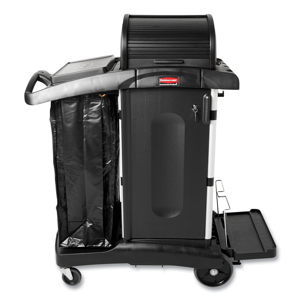 Executive High Security Janitorial Cleaning Cart, Plastic, 4 Shelves, 1 Bin, 23.1" x 39.6" x 27.5", Black