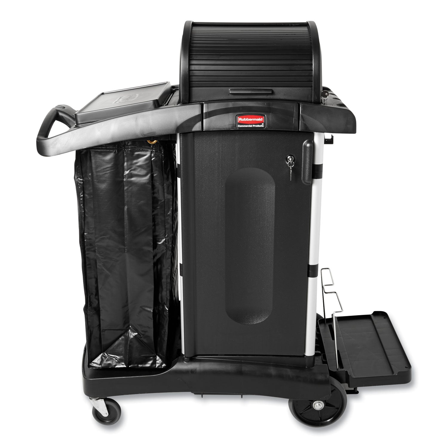 Executive High Security Janitorial Cleaning Cart, Plastic, 4 Shelves, 1 Bin, 23.1" x 39.6" x 27.5", Black