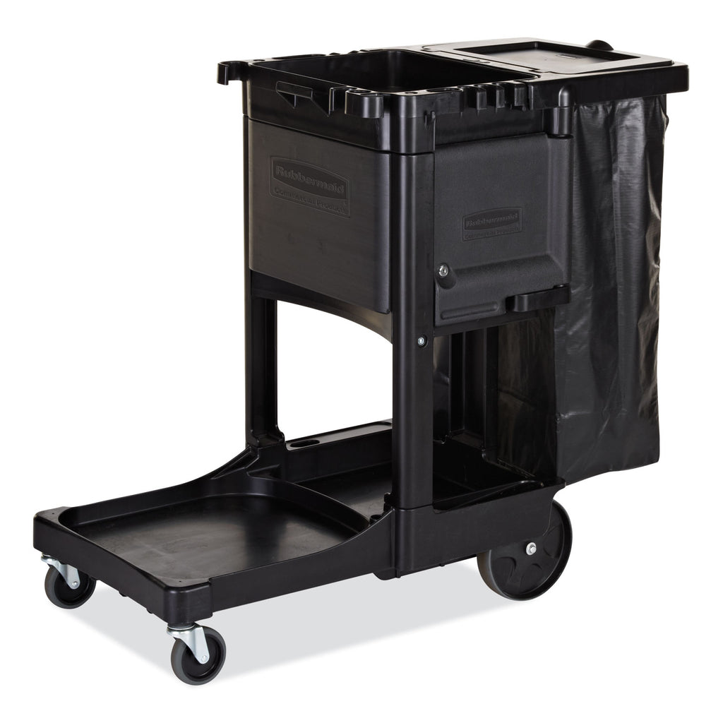Executive Janitorial Cleaning Cart, Plastic, 4 Shelves, 1 Bin, 12.1" x 22.4" x 23", Black