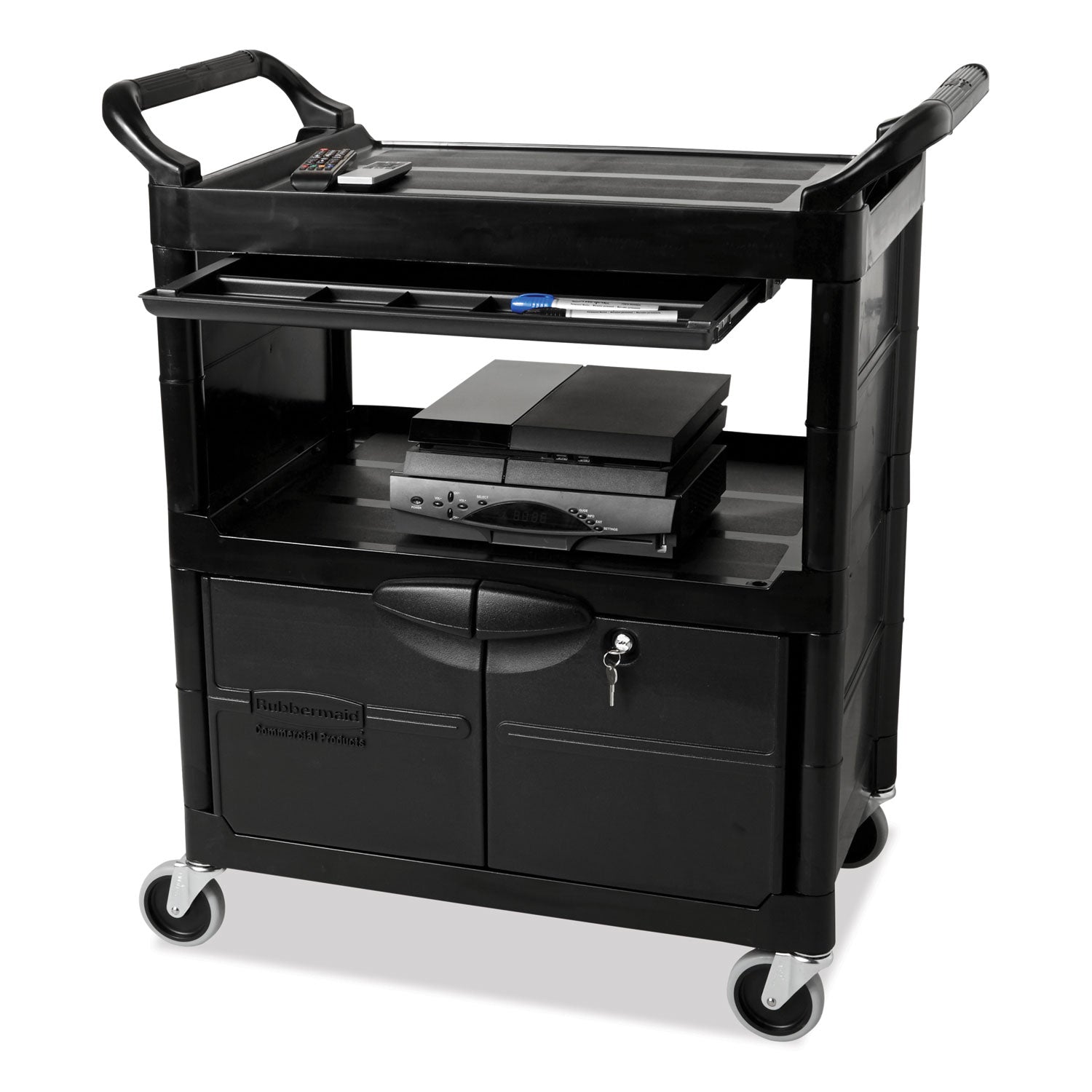Utility Cart with Locking Doors, Plastic, 3 Shelves, 200 lb Capacity, 33.63" x 18.63" x 37.75", Black