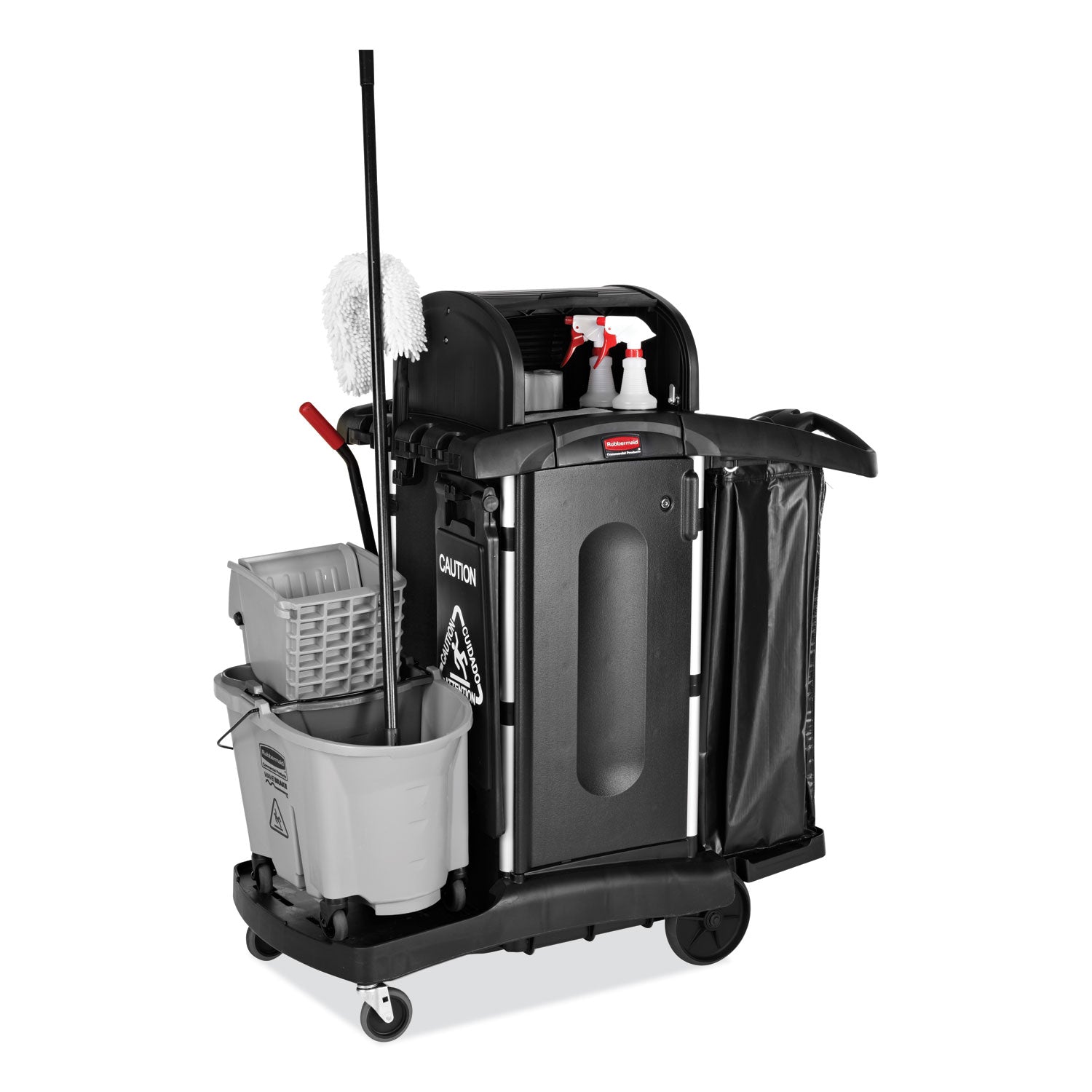 Executive High Security Janitorial Cleaning Cart, Plastic, 4 Shelves, 1 Bin, 23.1" x 39.6" x 27.5", Black