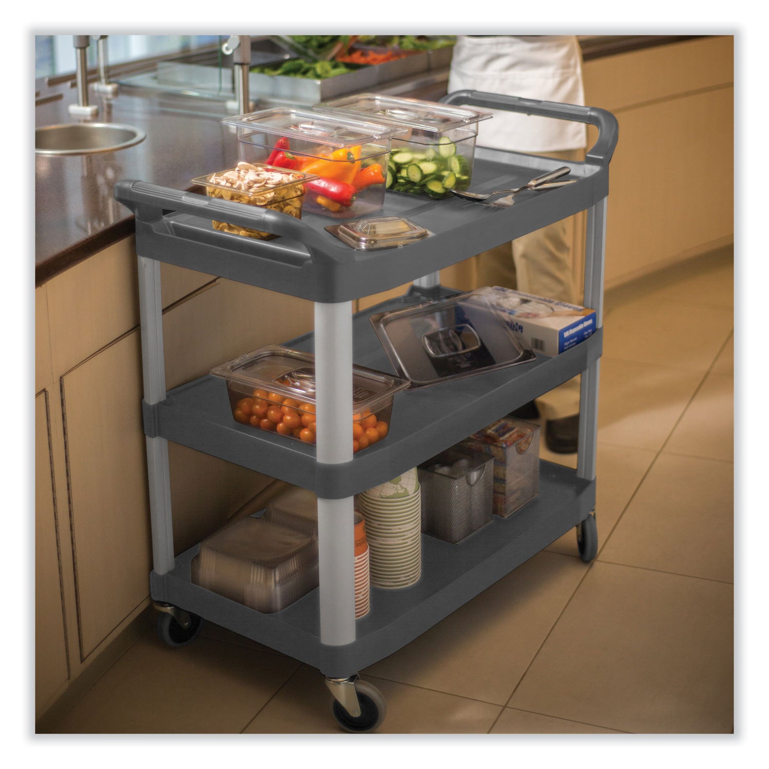 xtra-utility-cart-with-open-sides-plastic-3-shelves-300-lb-capacity-20-x-4063-x-378-gray_rcp4091gra - 4