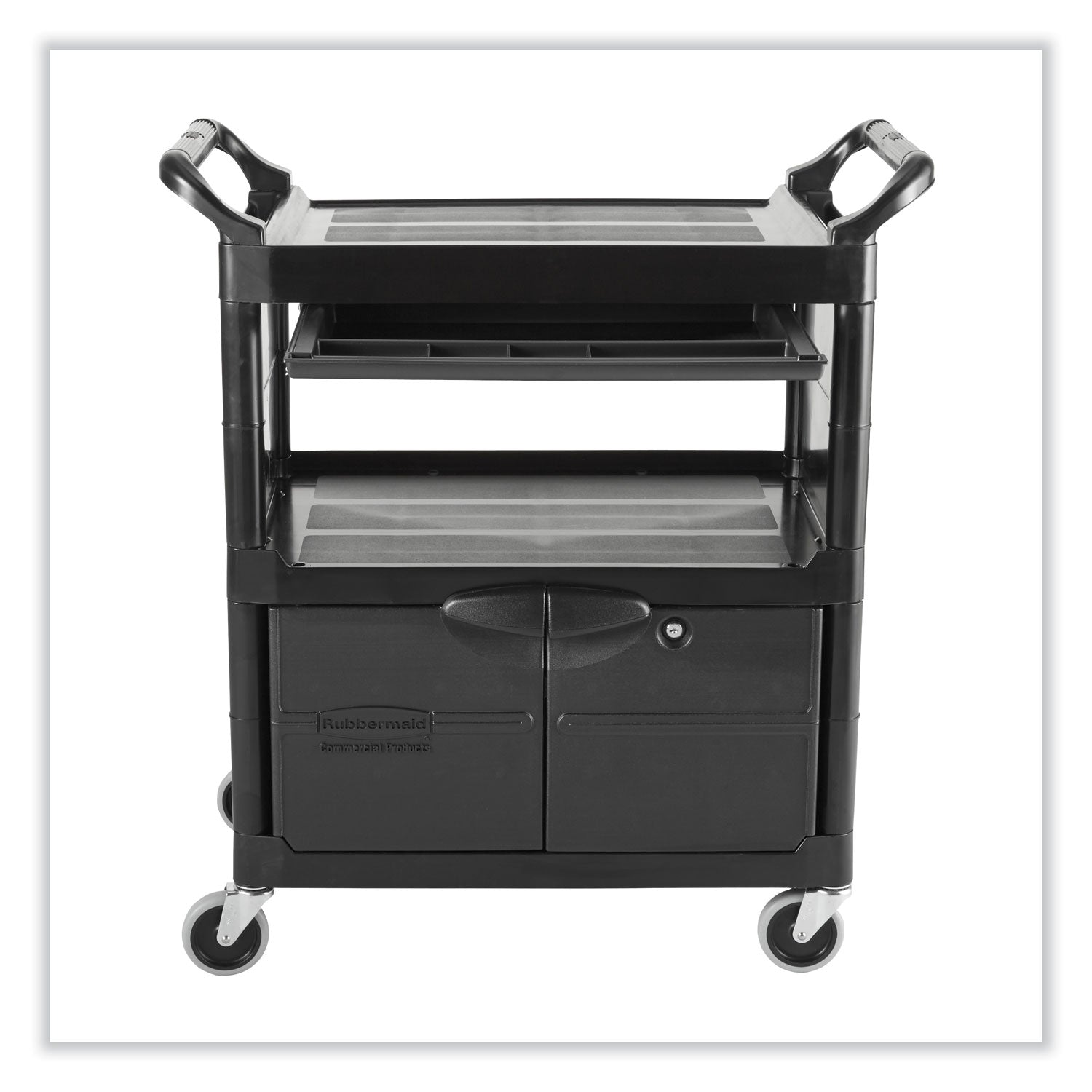 Utility Cart with Locking Doors, Plastic, 3 Shelves, 200 lb Capacity, 33.63" x 18.63" x 37.75", Black - 